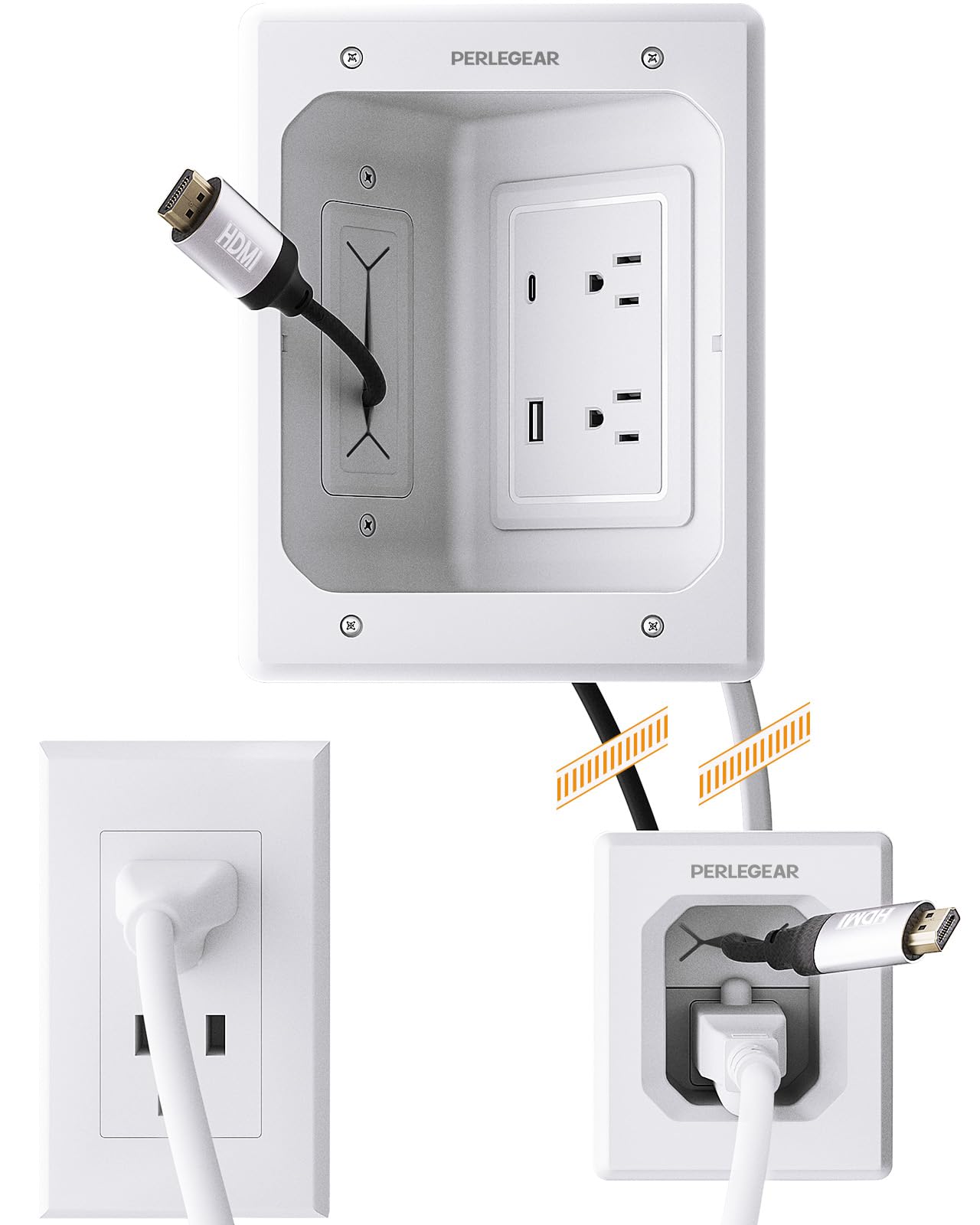 Perlegear Hider - Cavo per montaggio a parete TV con prese AC, porte USB-A e USB-C, kit di gestione dei cavi a parete, include modelli di trapano, sacchetti per la polvere, sega per cartongesso