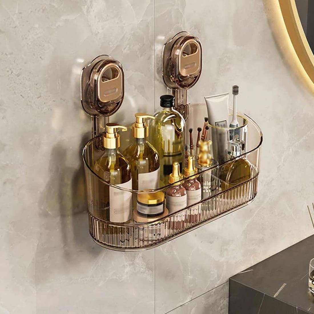 No Drill Bathroom Suction, Storage Box Shelf Rack, Vacuum Shower Caddy Suction Cup No-Drilling Removable Waterproof Bathroom Wall Shelf Shower Basket Storage Organizer for Shampoo Conditioner (Gold)