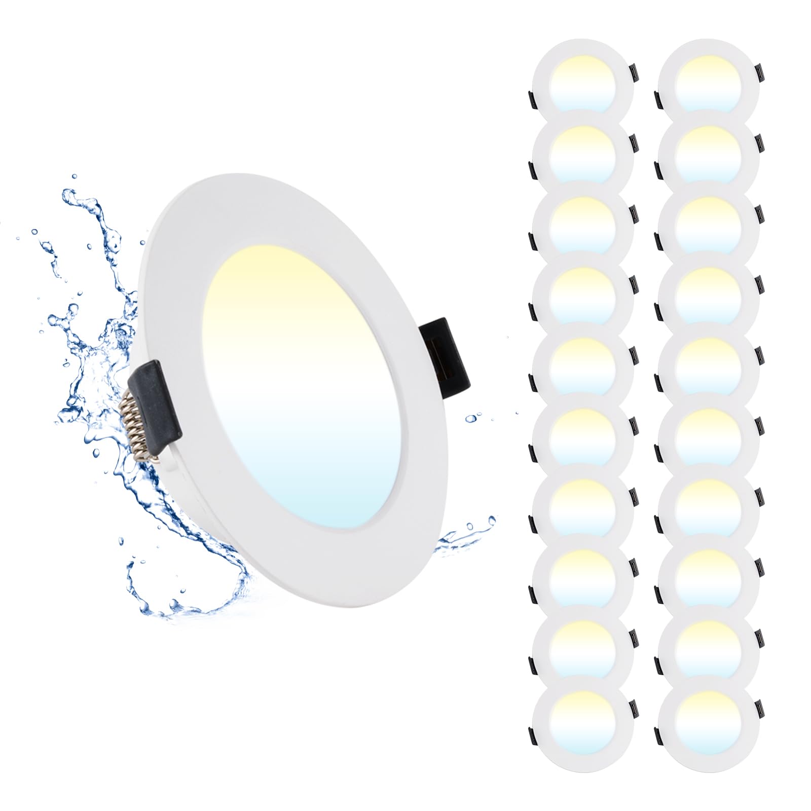 Grebeam 20 Pack LED Recessed Downlights, 7W, IP44 Bathroom & Kitchen Ceiling Spot Lights, 3CCT Adjustable (3000K/4000K/6000K)