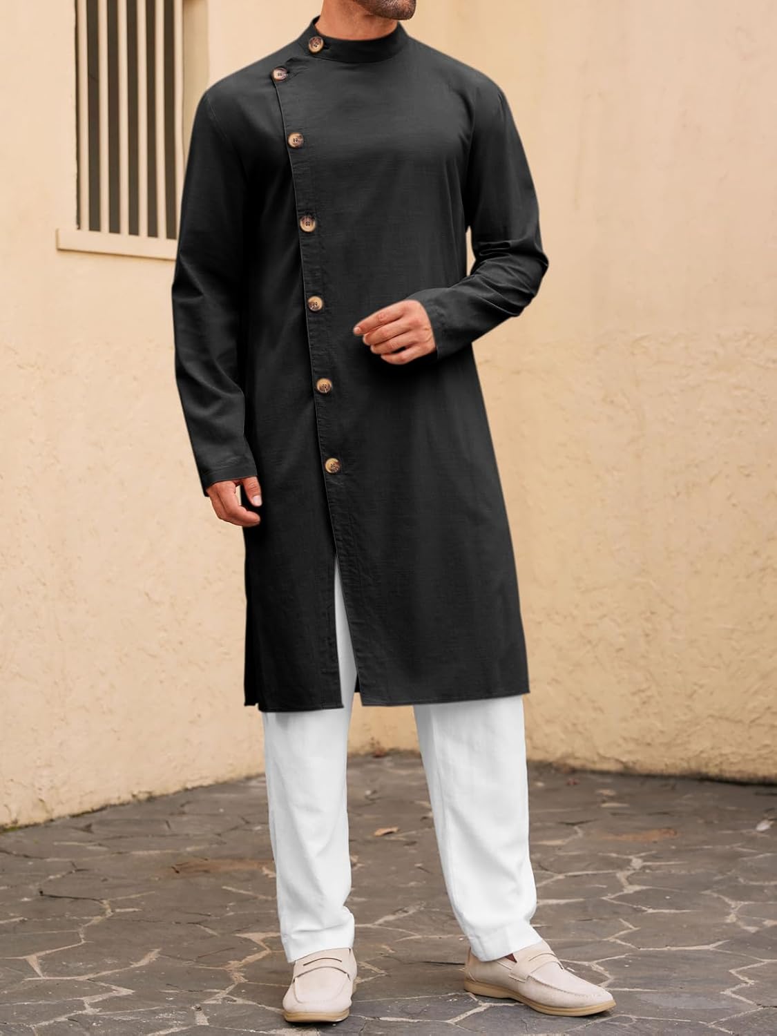 Runcati Mens Kaftan Thobe Button Down Long Sleeve Robe Casual Henley Shirt Cotton Muslim Gown Kurta Tops - Image 4