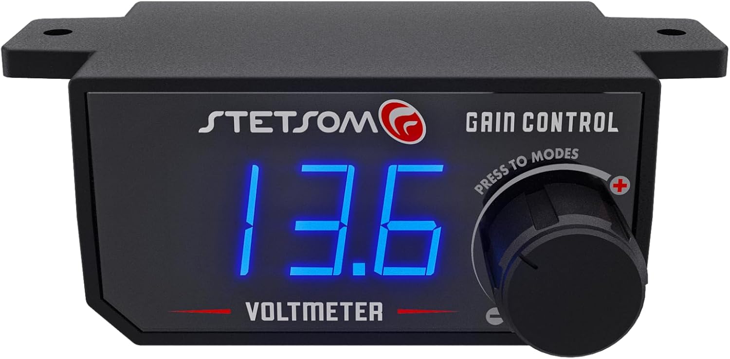 Stetsom 4in1 - Universal Bass Knob with Voltmeter, Gain Control + On/Off Switch + High to RCA Input Converter, Blue LED Display, One Touch On/Off Display, Continuous Touch On/Off Amplifier
