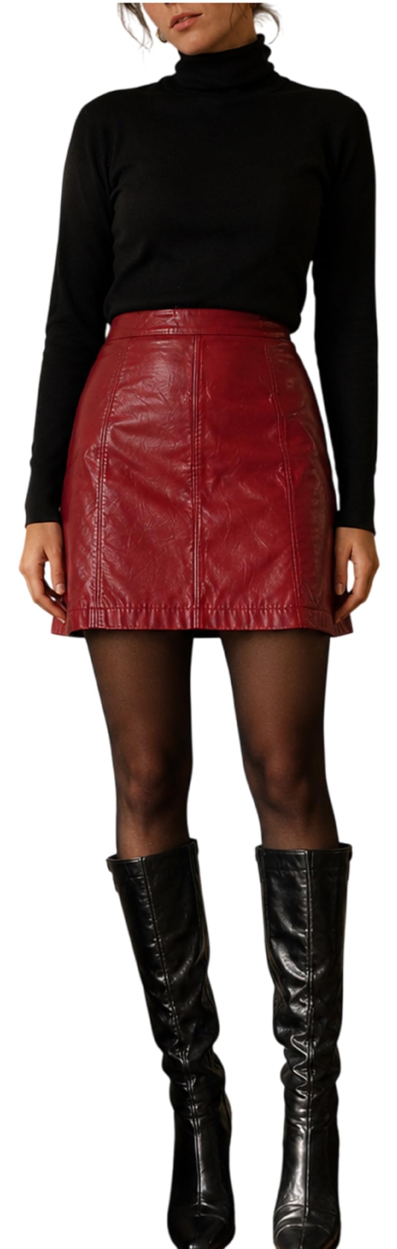 Minifalda de piel roja para mujer, cintura alta, acampanada, aspecto de cuero, falda corta para fiesta, casual, Navidad