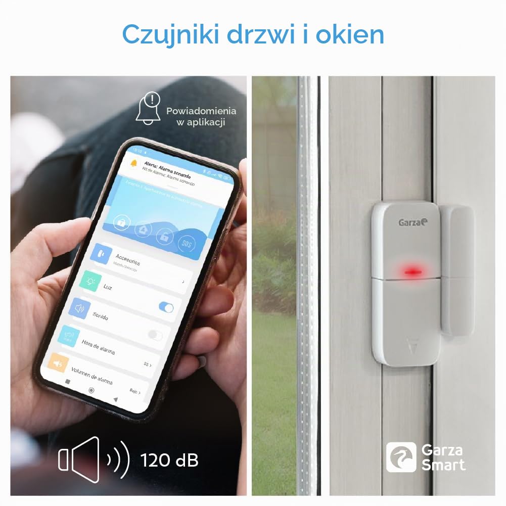 Garza - Inteligentny zestaw alarmowy Wi-Fi do domu, syrena 120 dB, czujnik ruchu i otwieranie drzwi/okna, alarm bez opłat, WiFi 2,4 GHz, pilot zdalnego sterowania za pomocą aplikacji