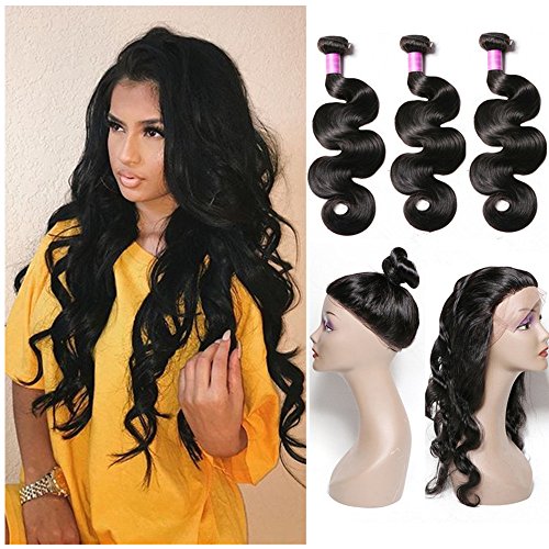 Sheng Qi Hair 8A Grade 360 Lace Frontal Closure with Bundles Brazilian Body Wave Virgin Hair Bundles with 360 Lace Frontal Unprocessed Human Hair with 360 Frontal 14 16 18+12 360frontal, Natural Color