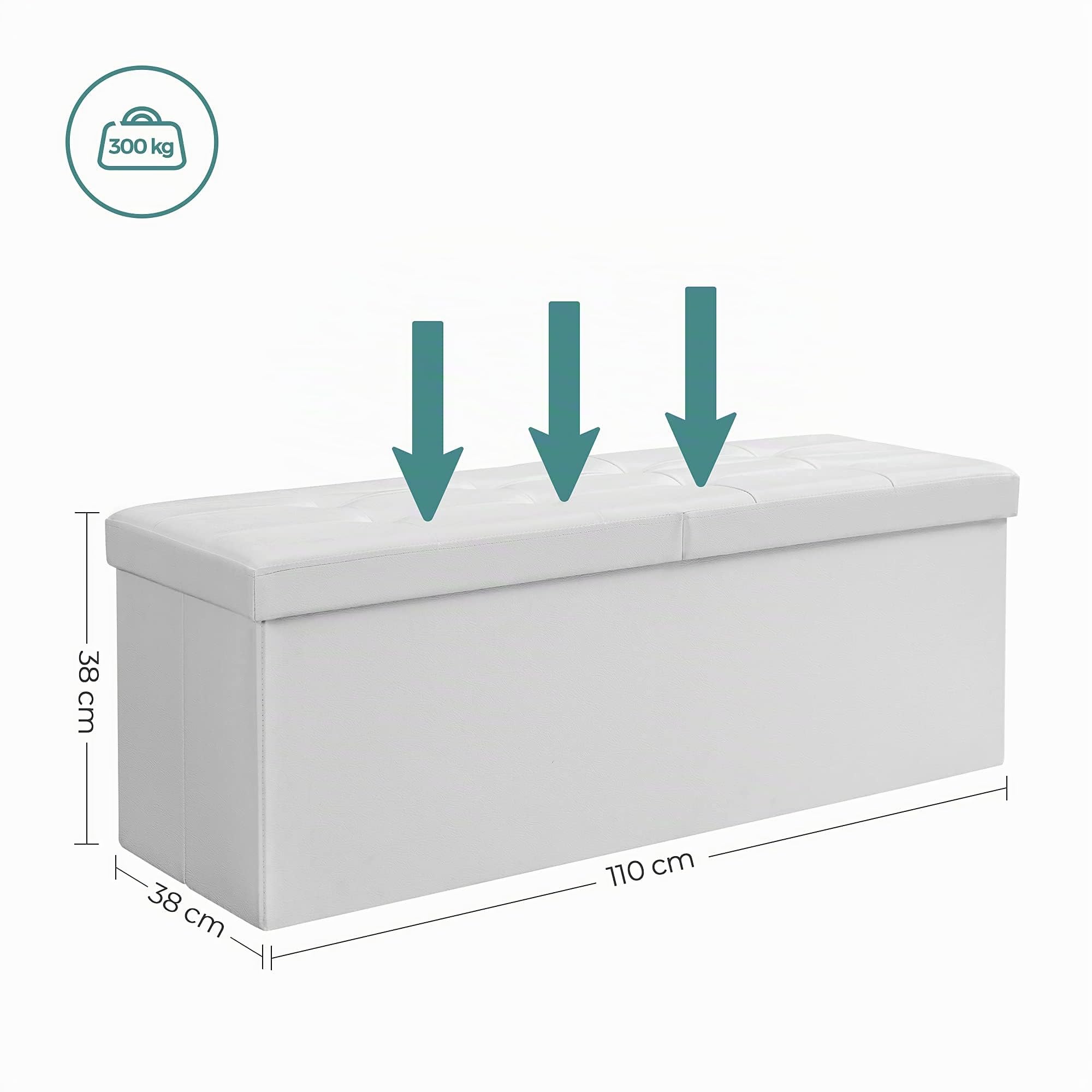 SONGMICS Puff Almancenaje, Banco Almacenaje, Banco con Tapa Plegable, Capacidad de 120 L, con Asiento Acolchado, 38 x 110 x 38 cm, Blanco LSF75WT