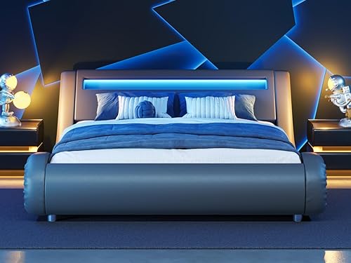 Miniatura 29 de WEEWAY Base de cama moderna tamaño Queen con cabecera de luces LED RGBW, diseño de trineo tapizado de perfil bajo, soporte de listones de madera