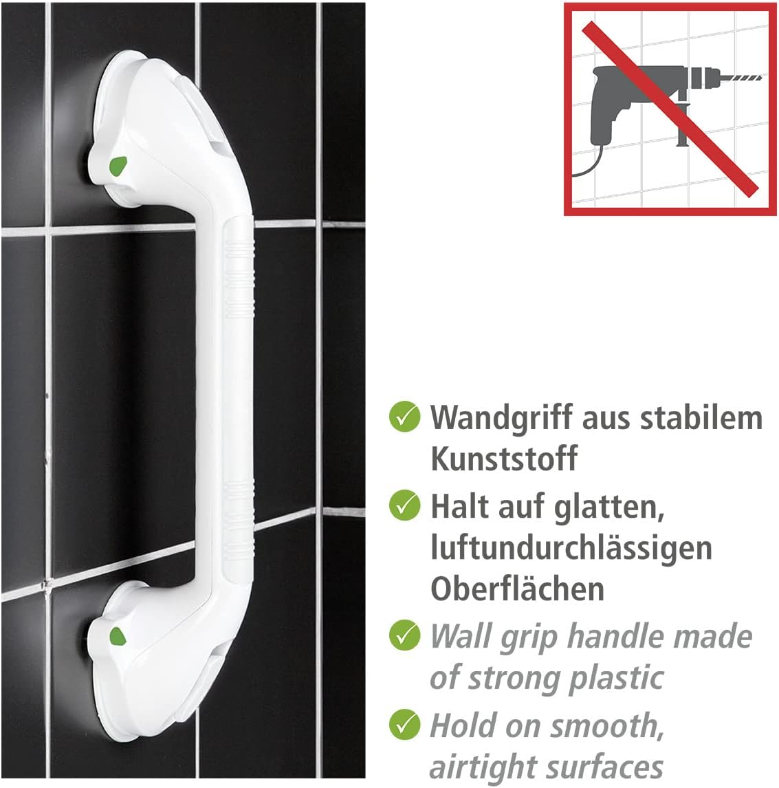 Image showing the WENKO Wall Grip Secura with text indicating it's made of strong plastic and holds on smooth, airtight surfaces, with a 'no drilling' icon.