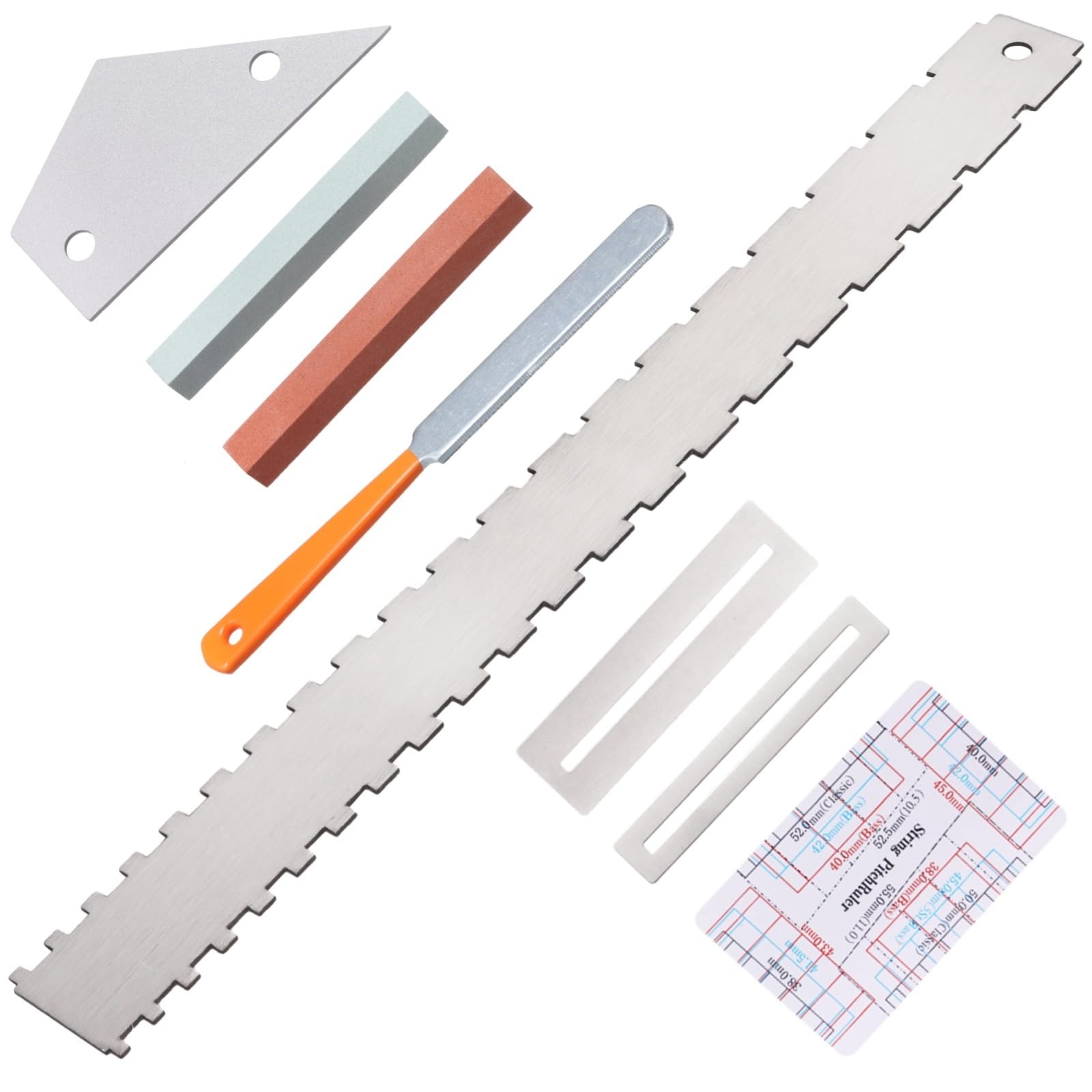 8 PCS Guitar Neck Straight Edge Kit, Gitarrenhals gekerbt gerade Kante Luthier Tool, Fret Rocker, Fret File, Griffbrett Guards, String Action Ruler, Grindstones, Wartung Kit für E-Gitarre Bass