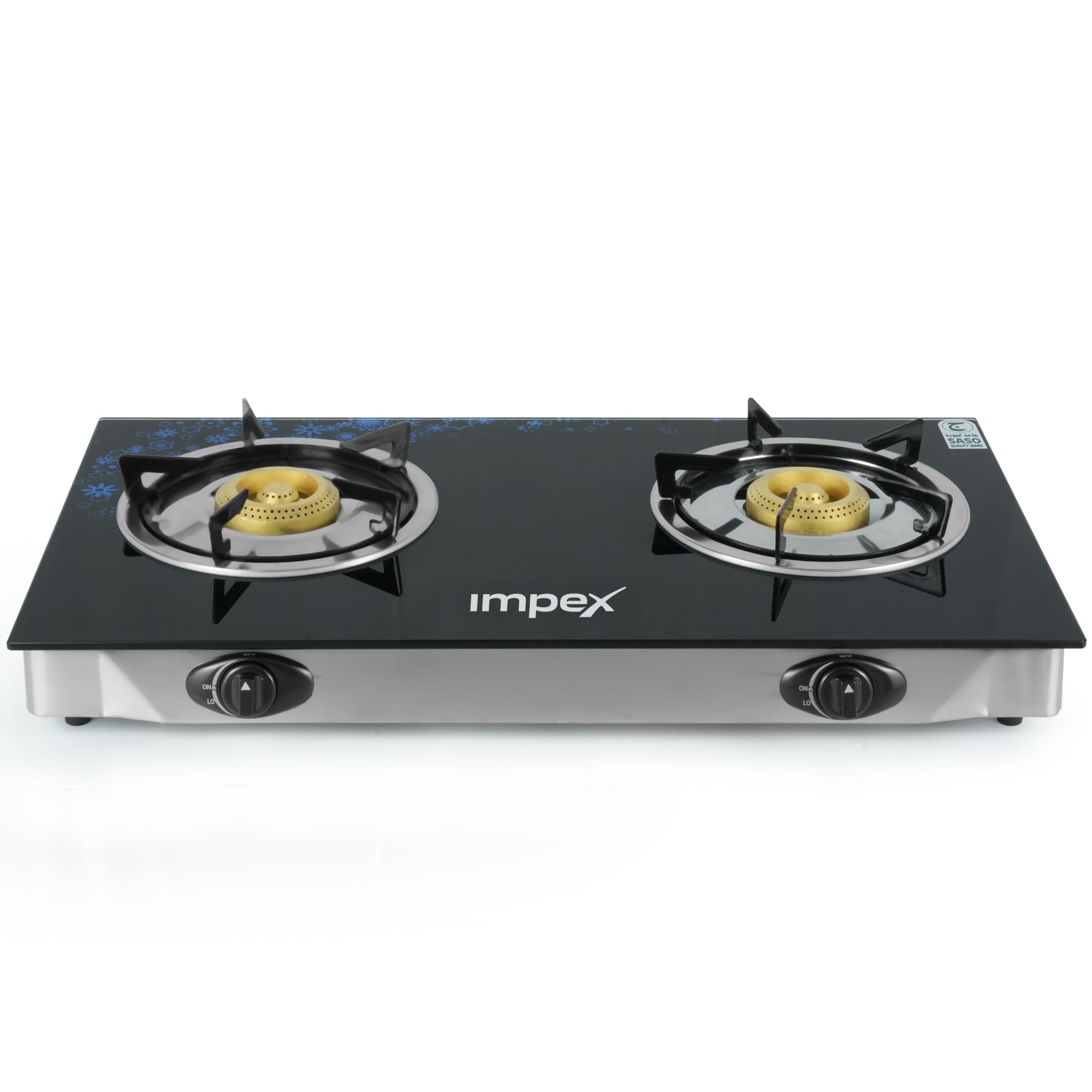 2 Burner Glass Top Gas Stove, Auto Ignition, Toughened Glass, ErgonomicKnobs, StainlessSteel Spill Base, EnamelCoated PanSupport, Blue Flame Efficiency, Water Tray, L-Shape Inlet Pipe IGS 1214F