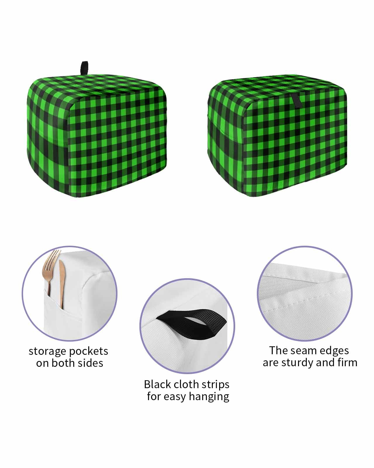 Vintage Toaster Cover 4 Slice, Green Buffalo Plaid Bread Maker Dust Cover with Pockets for Kitchen Small Appliance 12x11x8in