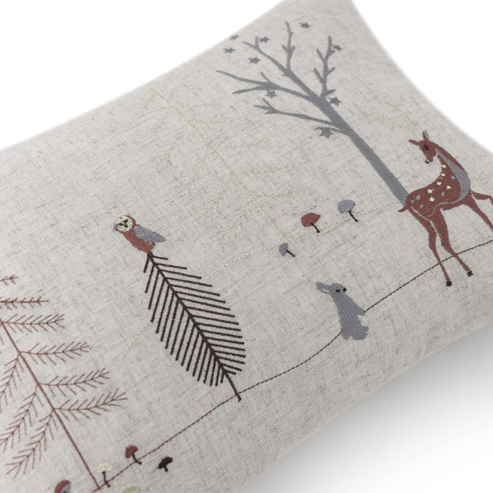 JWH Christmas Deer Throw Pillow Covers Cute Trees Rabbit Mushroom Embroidery Accent Pillow Case Linen Pillowcase Decorative Cushion for Farmhouse Floor Couch Deocr Shams 14x20 Inch Beige Brown