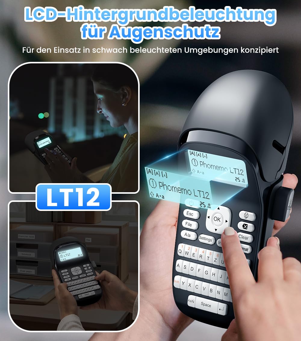 Phomemo LT12 Etikettendrucker: QWERTZ & Bluetooth, 3-in-1