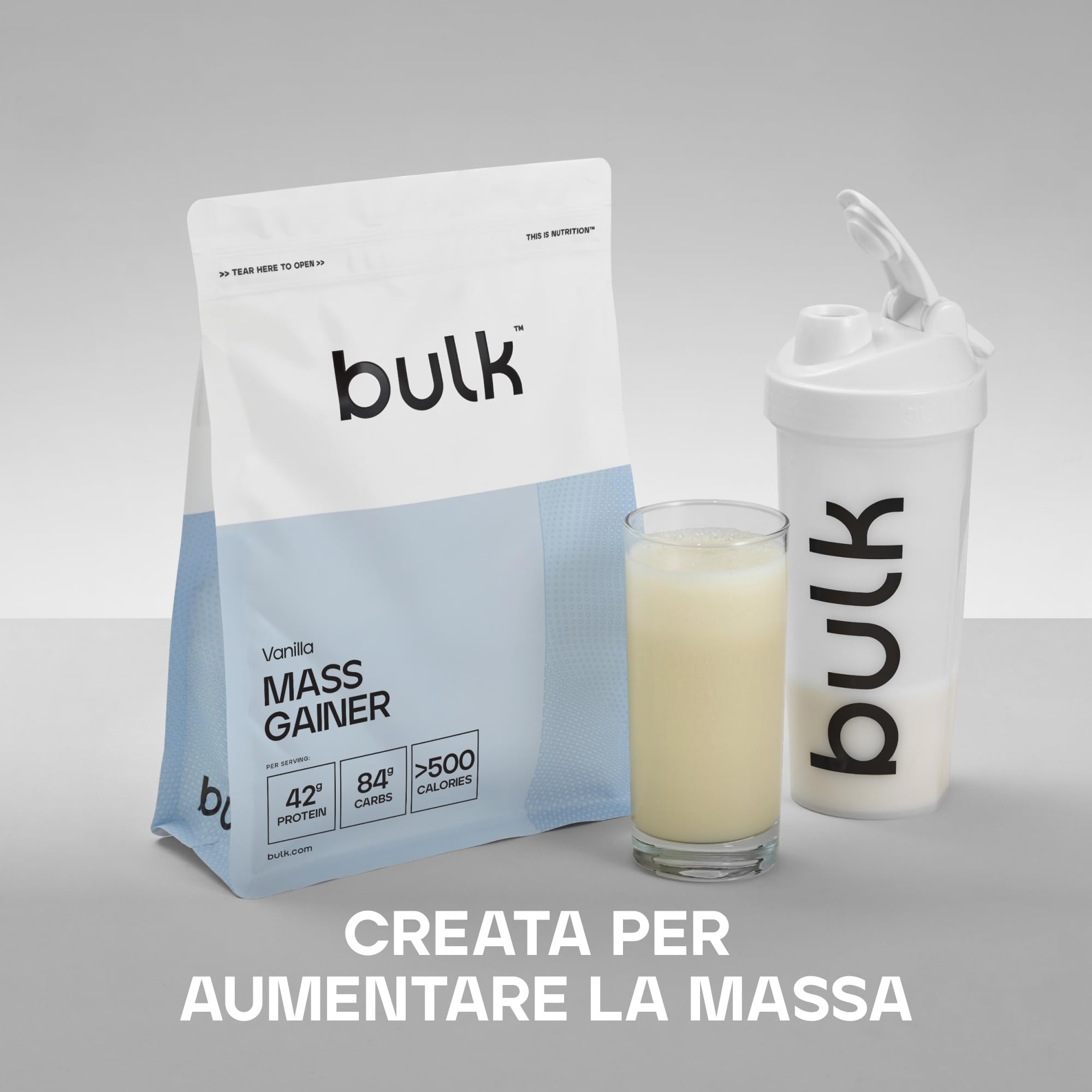 Bulk Mass Gainer Completo | Vaniglia | 16 porzioni | 42g proteine per porzione | 84g carboidrati | 500 kcal per porzione | Gainer ipercalorico | Supporta crescita e mantenimento muscolare
