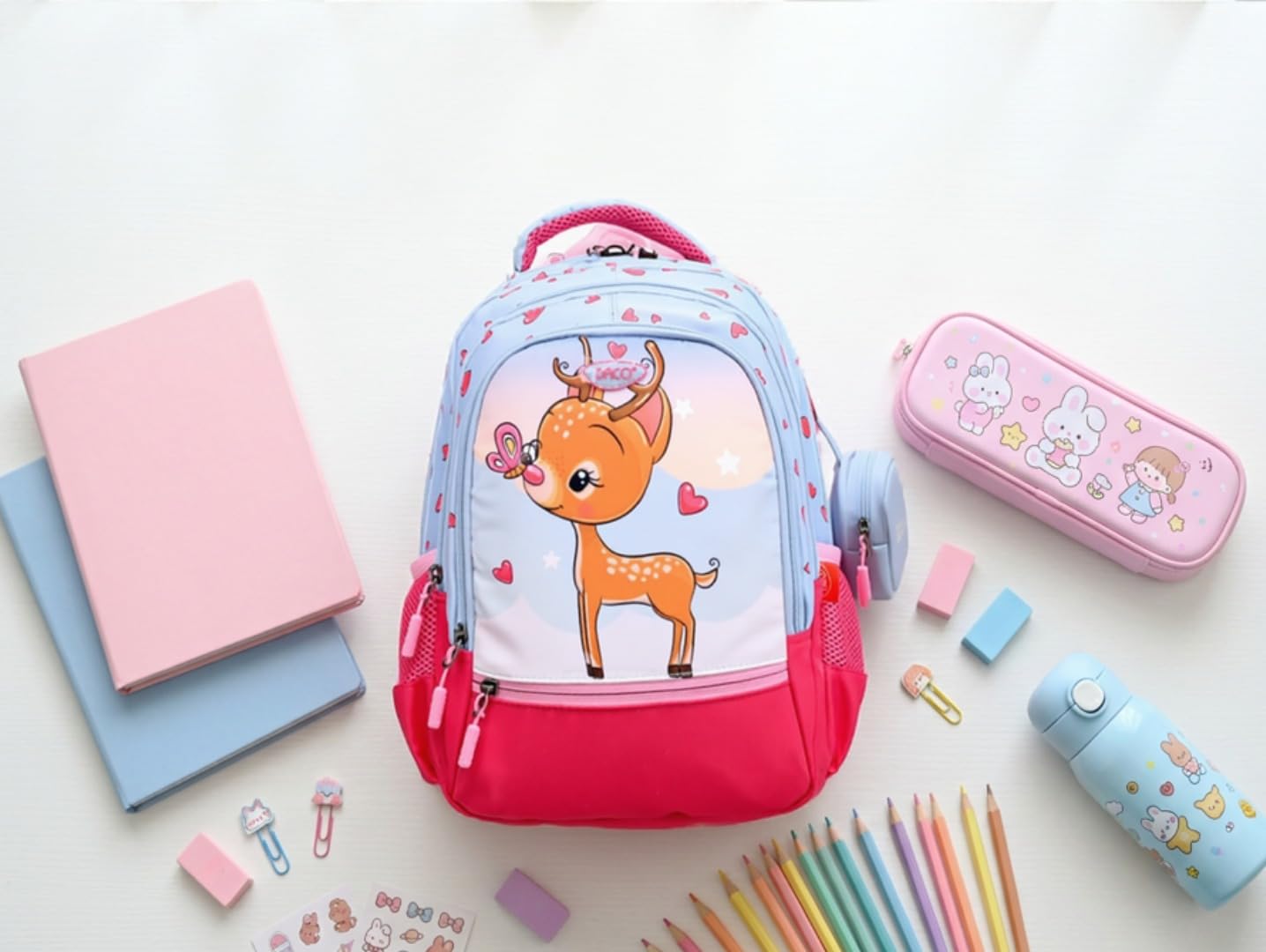 DACO Sac à Dos Scolaire Fille 38 cm – Cartable École Primaire Faon Kawaii avec Compartiments & Poches Latérales – Sac d’École Enfant Léger, Confortable & Grande Capacité Rose Bleu