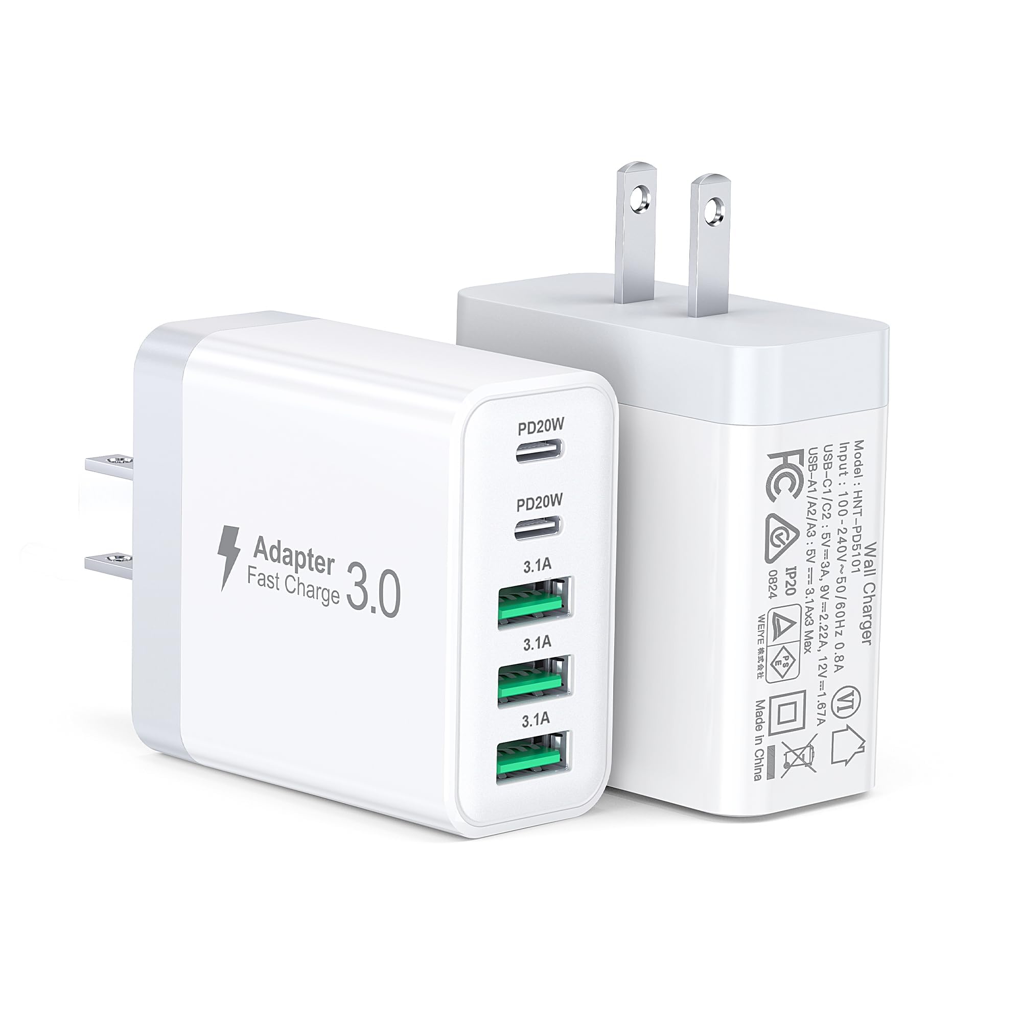 USB C Charger Block, [2-Pack] 50W 5-Port USB C Wall Charger Type C Fast Charging Blocks Cube, Multiple Ports PD Power Adapter QC Wall Plug for iPhone