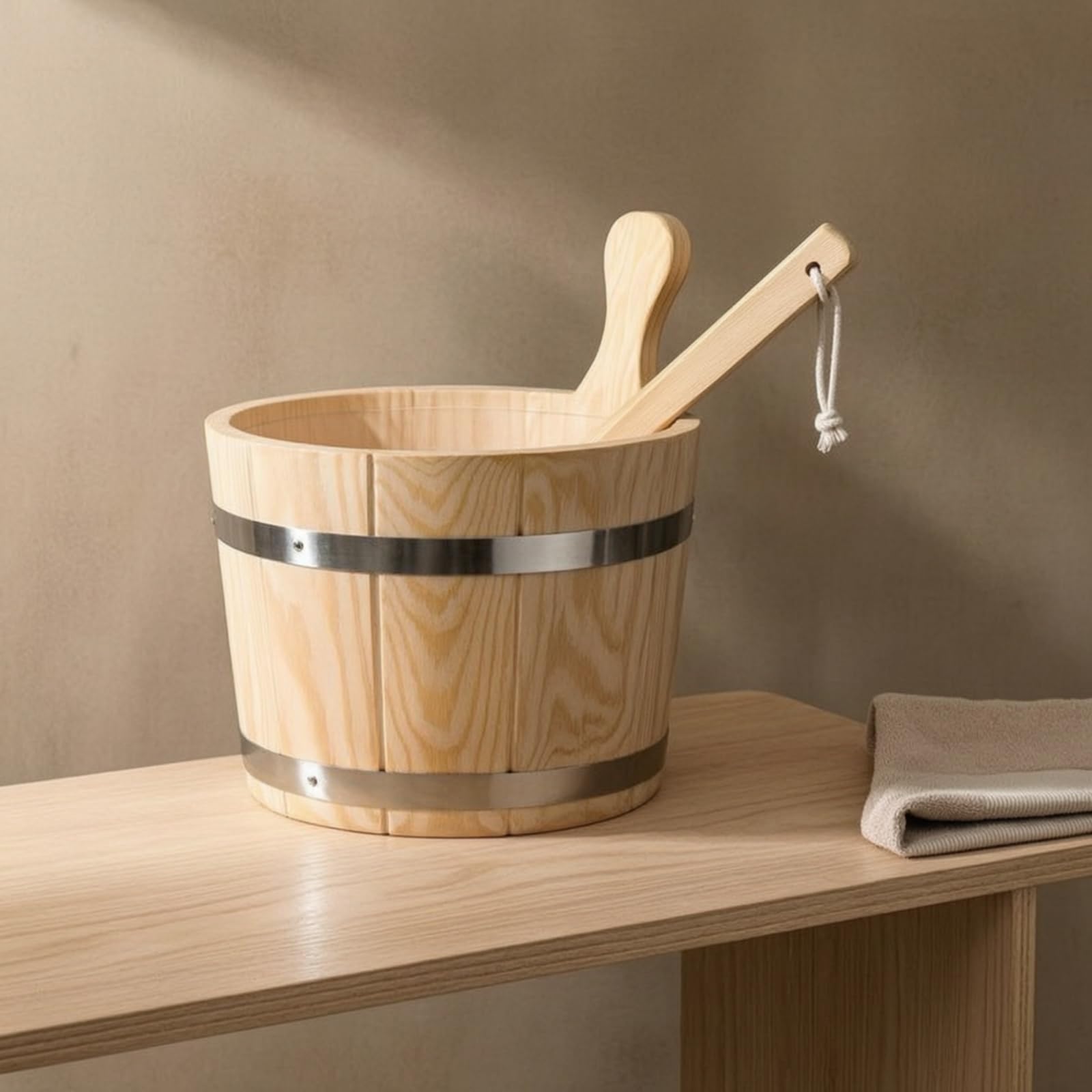 Baoblaze Cubo de Madera para Sauna Balde Cubeta con Cazo Capacidad 5 litros Diseño Clásico Reforzado con Aros Metálicos Mango Lateral y Colgable Adecuado para SPA en Casa Centro de Relajación Regalo