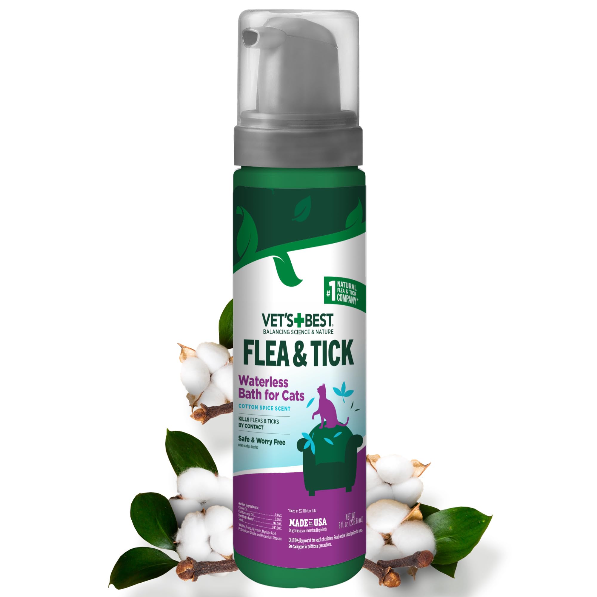 Natural Waterless Flea & Tick Bath for Cats – Natural Dry Shampoo for Cat Flea and Tick Prevention – No-Rinse Formula with Certified Essential Oils – Plant-Based Cat Wash – 8 oz Bottle