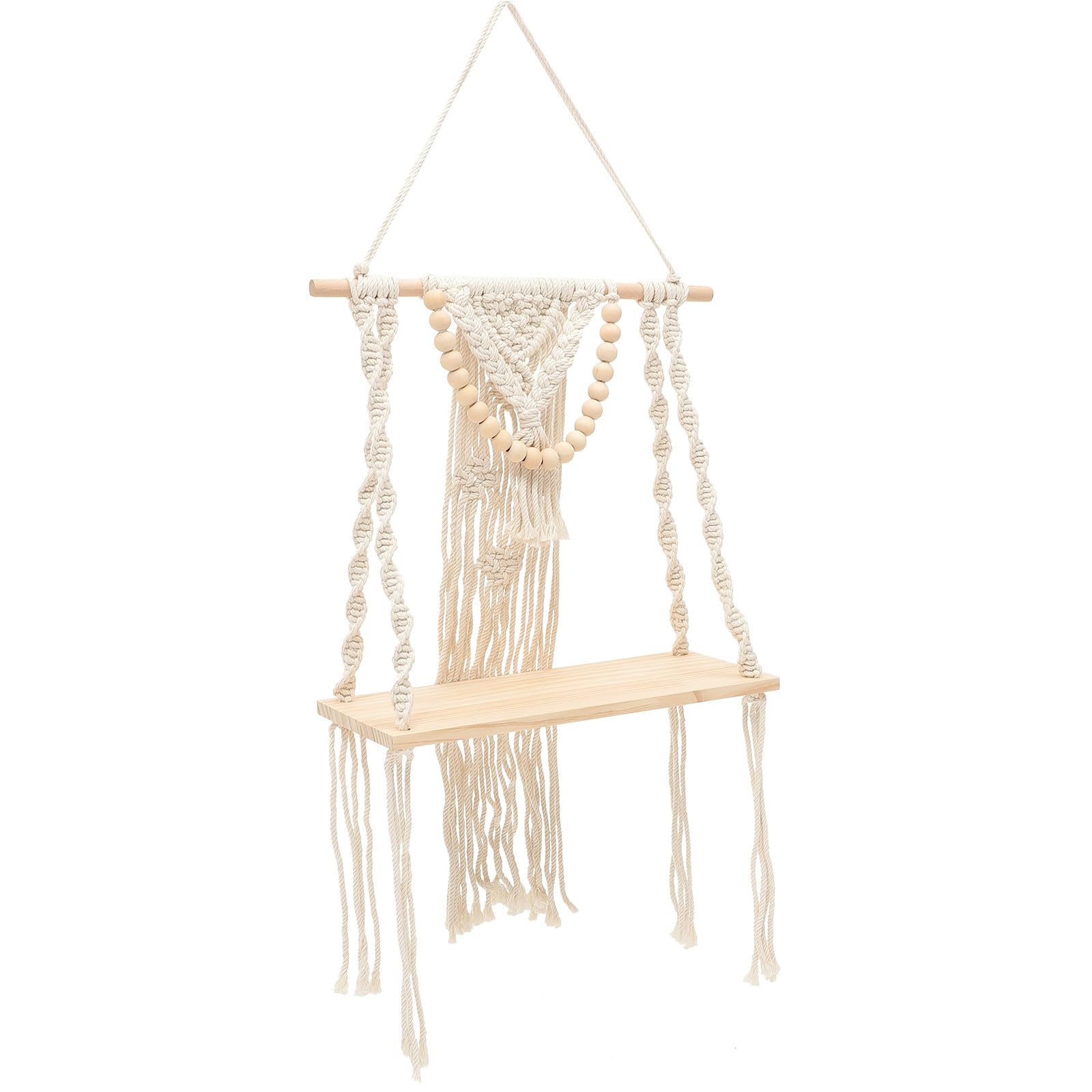 Estante colgante de macramé estilo bohemio beige para almacenamiento de pared