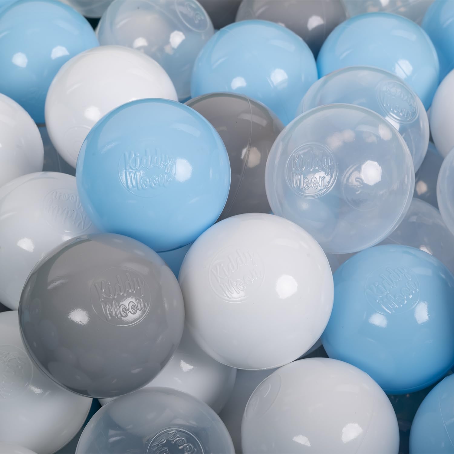 KiddyMoon Soft Plastic Play Balls 50 Balls/7Cm-2.75In Multi-Colour Made In EU, Grey/White/Transparent/Baby Blue โ image 1