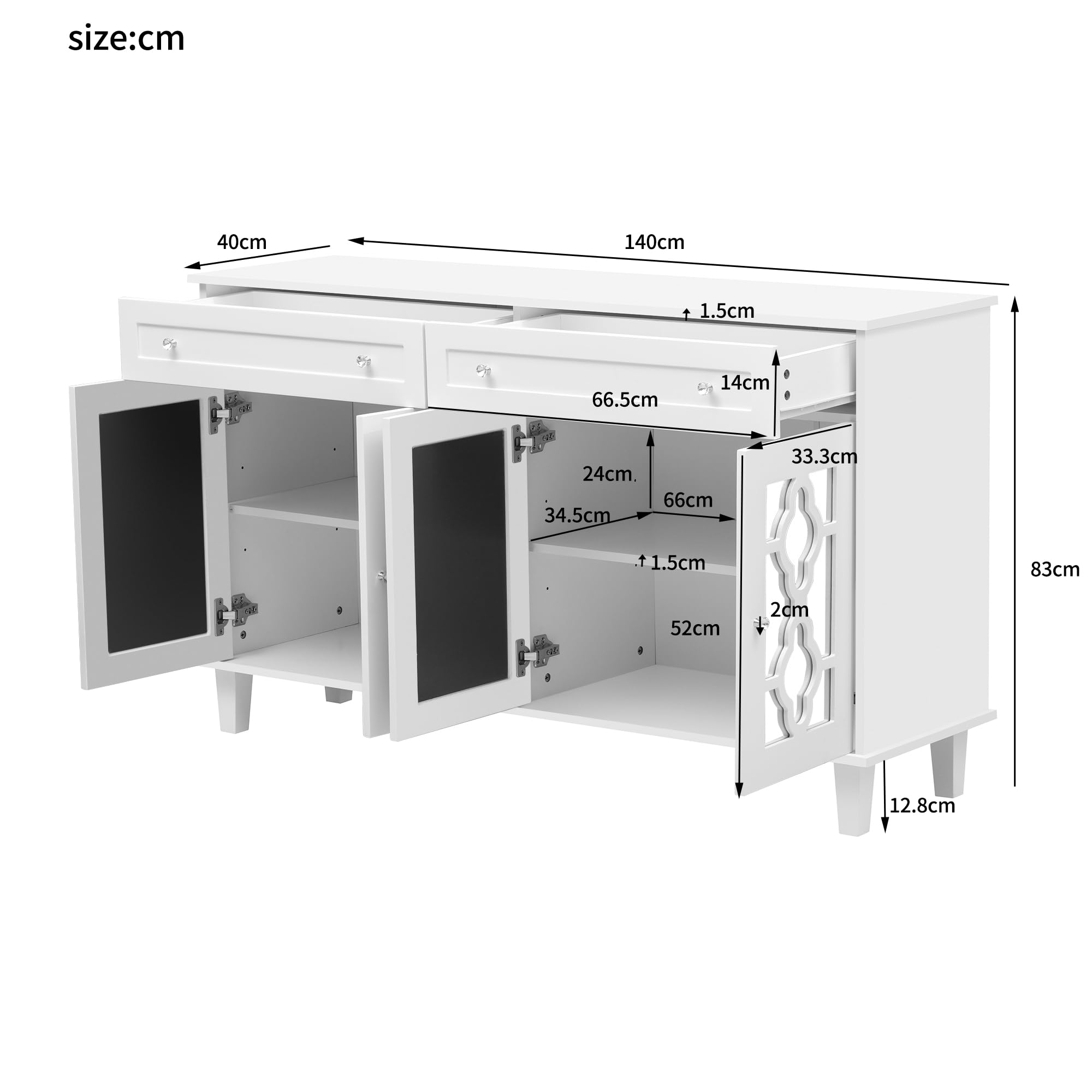 Komoda z drzwiami z lustrem, 140 cm, komoda z kryształowymi uchwytami, kredens z 2 szufladami, nowoczesna komoda z regulowanymi półkami, elegancka szafka do przechowywania do przedpokoju