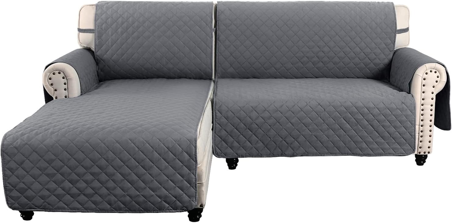 MEILLE MAISON L Shaped Sofa Cover for Dogs, 2-Piece Sectional Couch Plus Chaise Lounge with Straps, Reversible Water Resistant Furniture Protector Home Décor(Extra Large, Grey) (LKL2PDLC1)