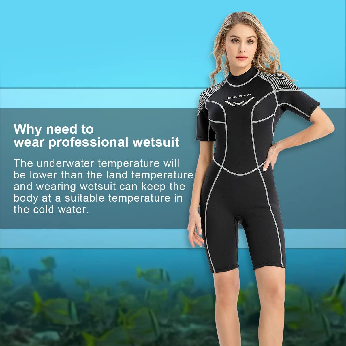 GoldFin Women Shorty Wetsuit, 3mm Neoprene Wet Suits Back Zip Surfing Diving Swimming Snorkeling - Image 2