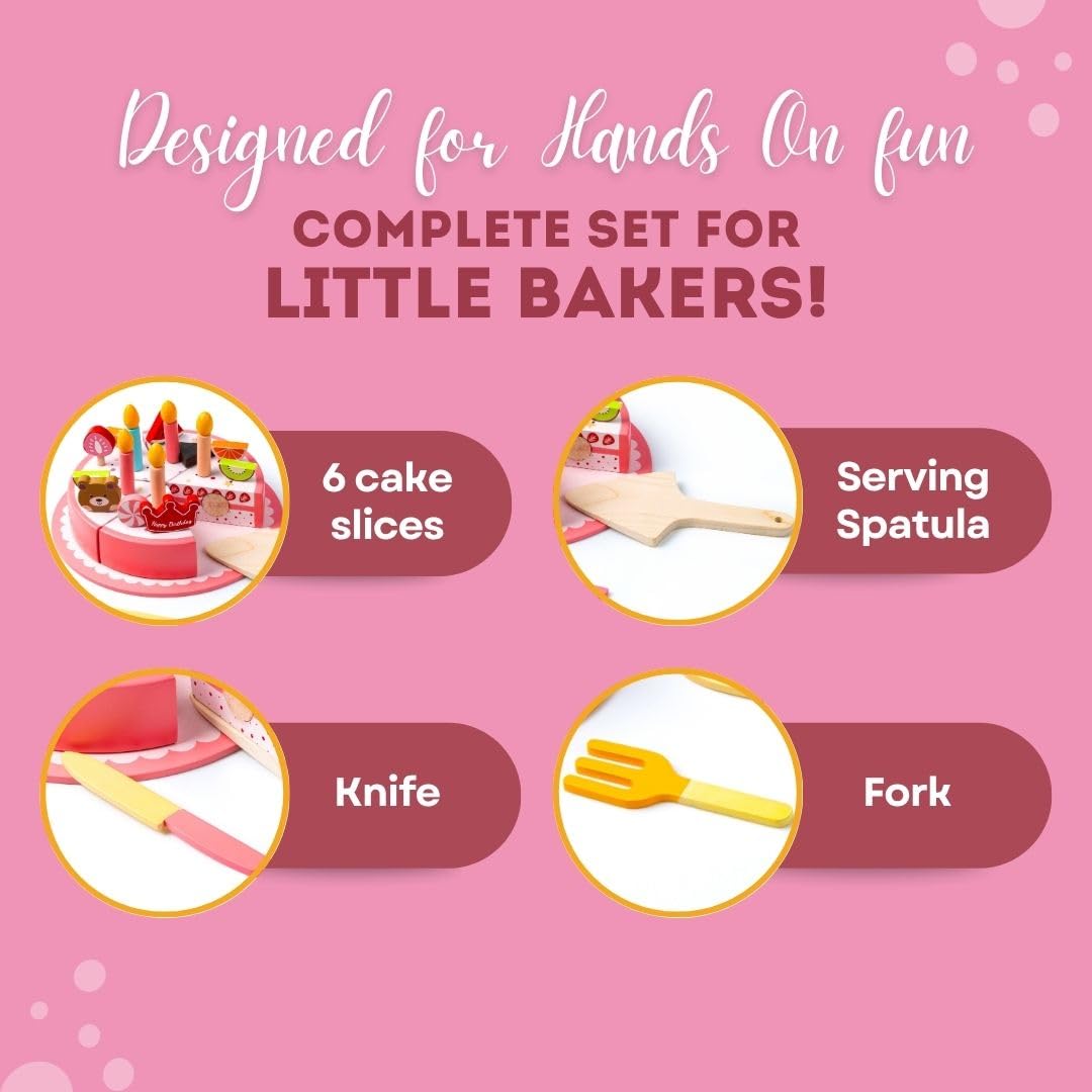 Cots and Cuddles Wooden Birthday Cake Pretend Play Set for Kids | 6 Slice Cuttable Cake with Candles, Toppings & Server | Imaginative Role Play Toy for Toddlers Age 3+ - Image 5 thumbnail