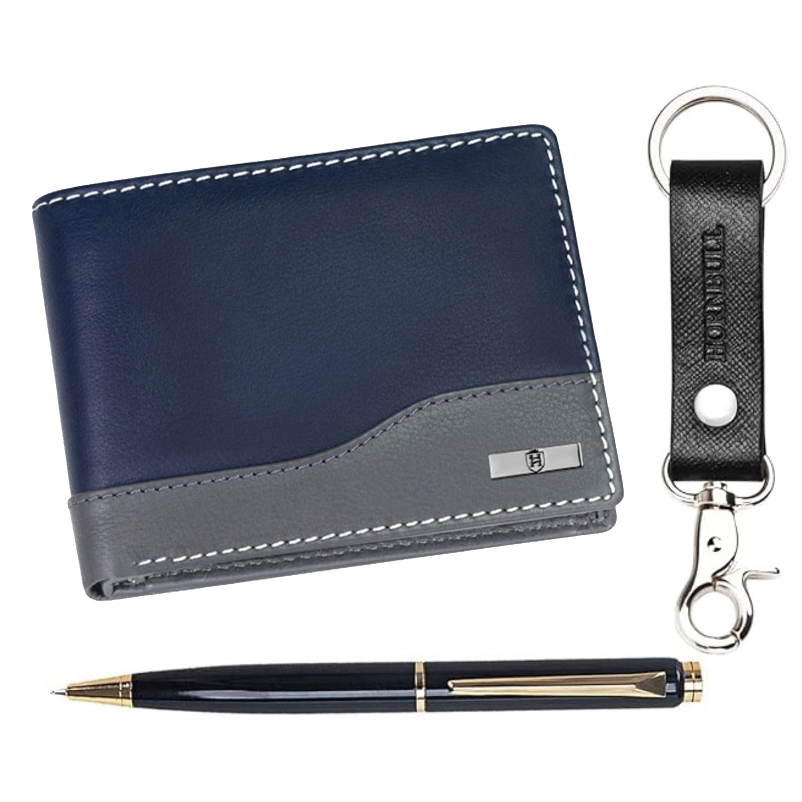HORNBULL Navy Buttler Mens Leather Wallet, Keyring & Pen Combo Gift Set for Men | Gift Set for Men