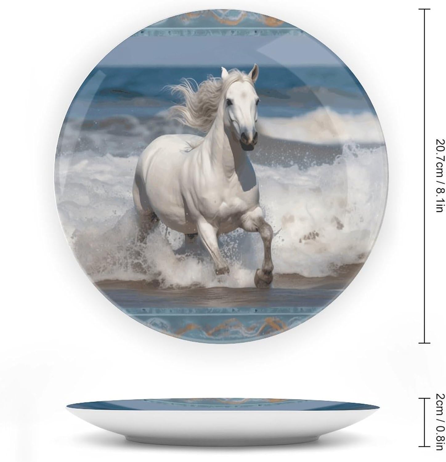 White Horse Bone China Decorative Plate with Display Stand, Ceramic Ornaments Plate for Wall Hanging, Personalized Porcelain Plates for Office, Living Room 8inch