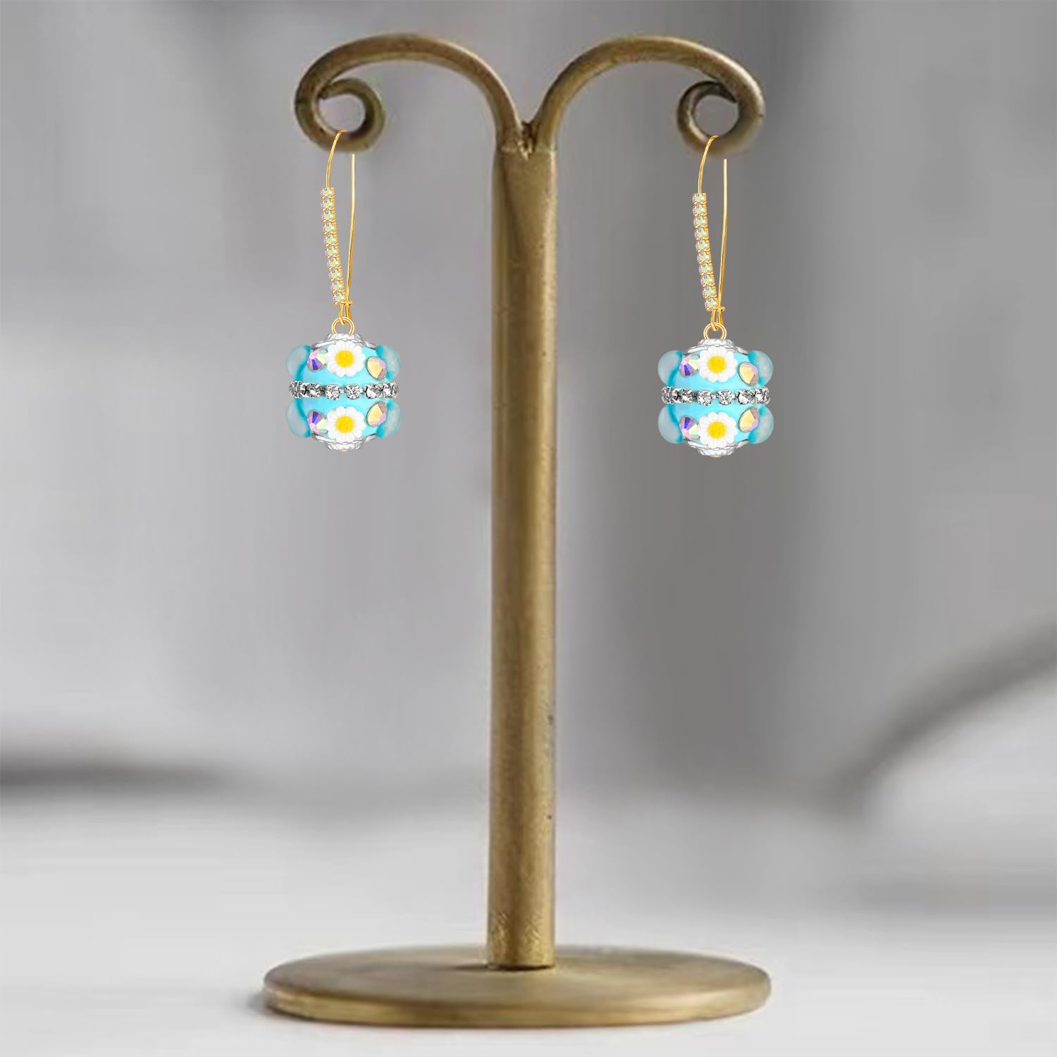 Bohemian Handmade Sparkly Crystal Flower Ball Dangle Drop Earrings Rhinestone Floral Leverback Earrings For Women - Image 6