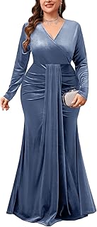 Plus Size Velvet Wrap Dress Long Sleeve V Neck Mermaid Maxi Formal Eveni...