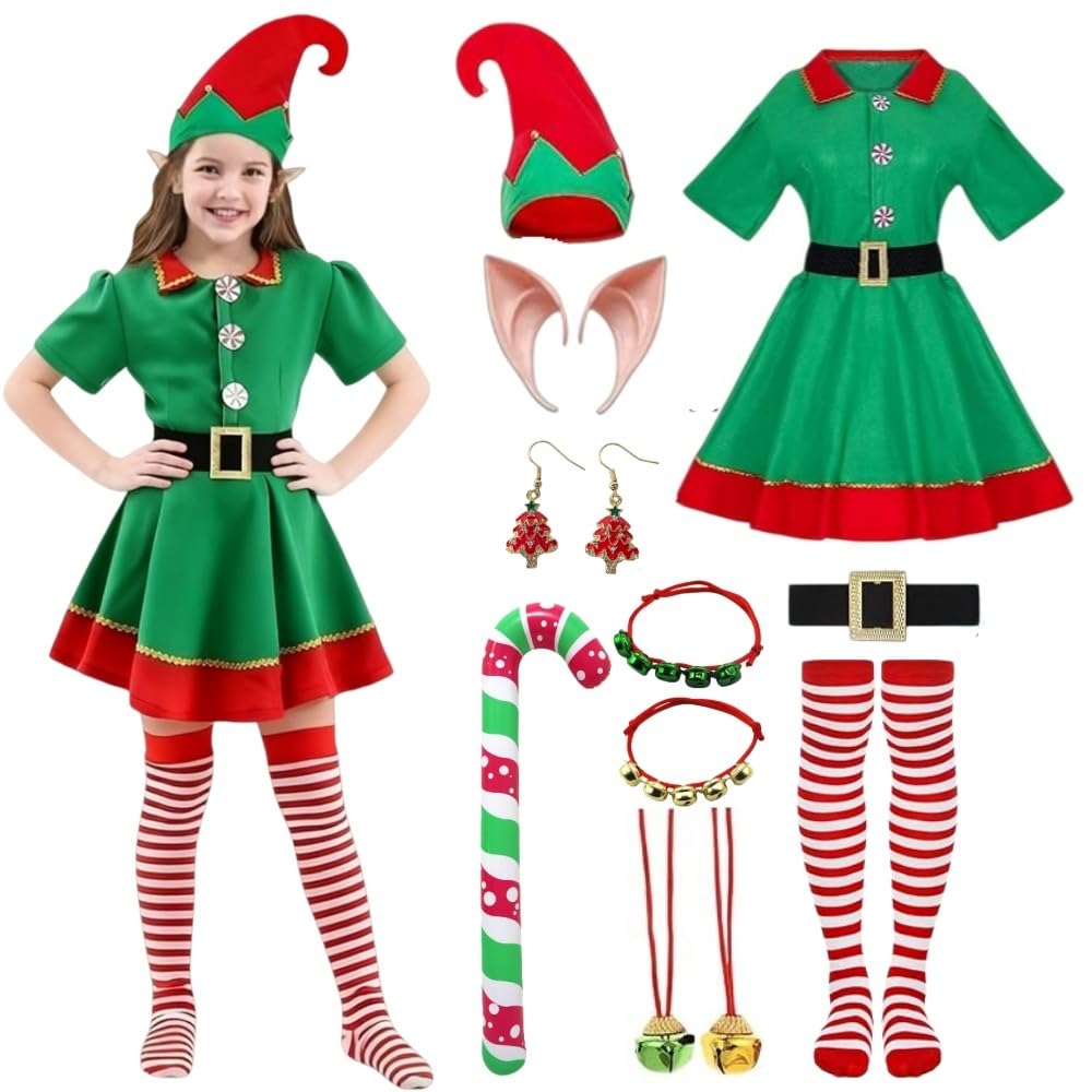 Zynthytic Christmas Elf Costume Adult Kids Christmas Elf Outfits for Women Short Sleeve Fancy Dress with Ears Hat Belt and Socks(110)
