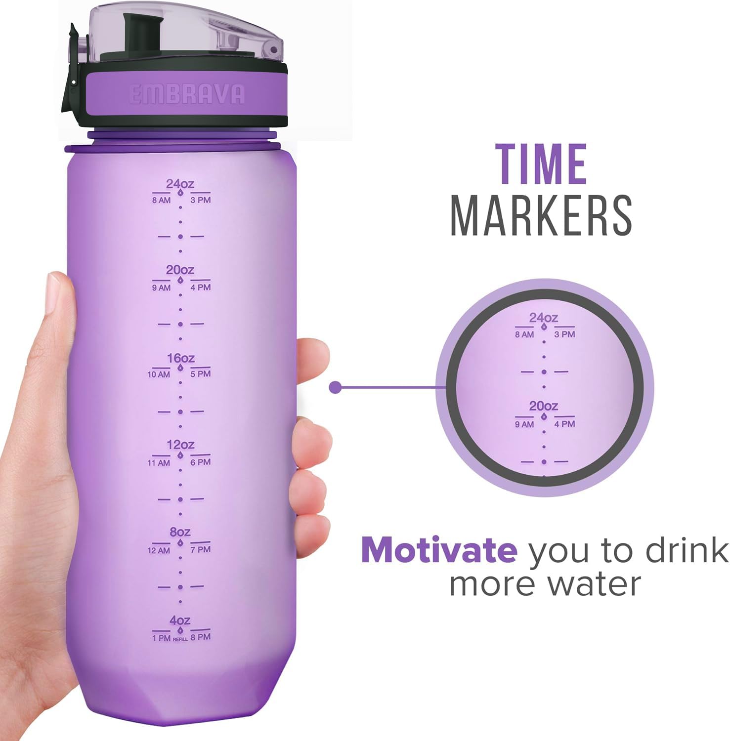 Embrava Wasserflasche mit Zeitmarkierungen, 680 ml, für Sport, Fitnessstudio und Wandern, BPA- und BPS-frei, Ein-Klick-Öffnung, auslaufsicher und sicher
