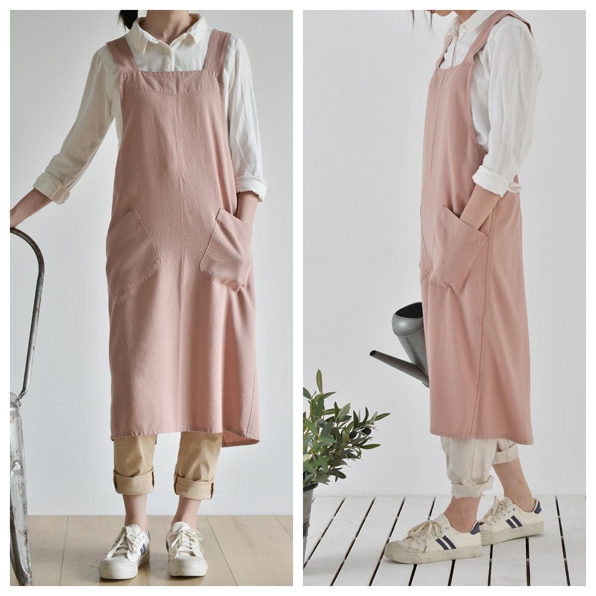 MUMOHO Women’s Pinafore Square Apron Baking Cooking Gardening Works Cross Back Cotton/Linen Blend Dress with 2 Pockets - Image 2