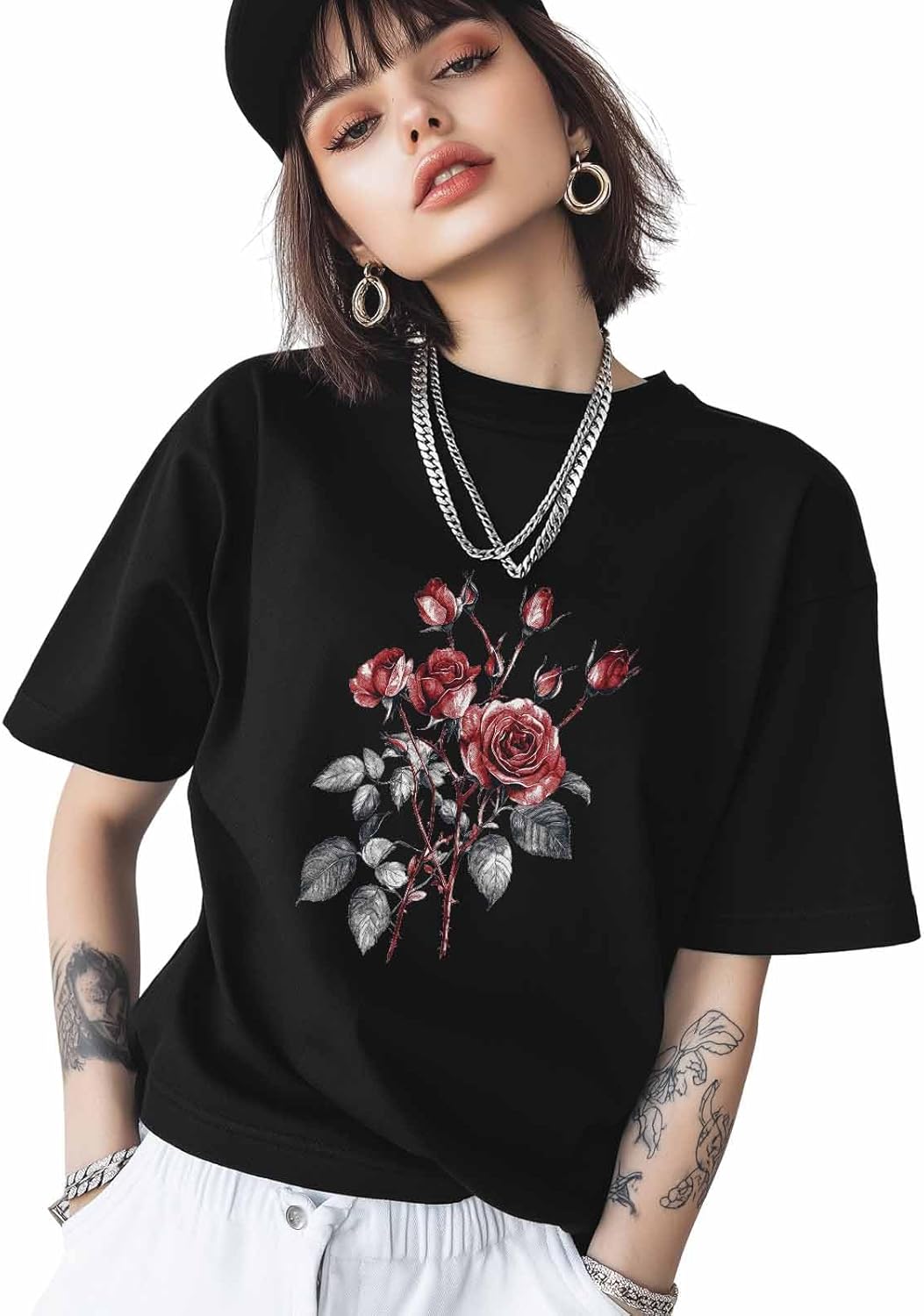 Graphic T Shirts for Women, Red Rose Vintage Cotton Girls Tees Short Sleeve Crewneck Summer Gym Casual Tops - Image 4