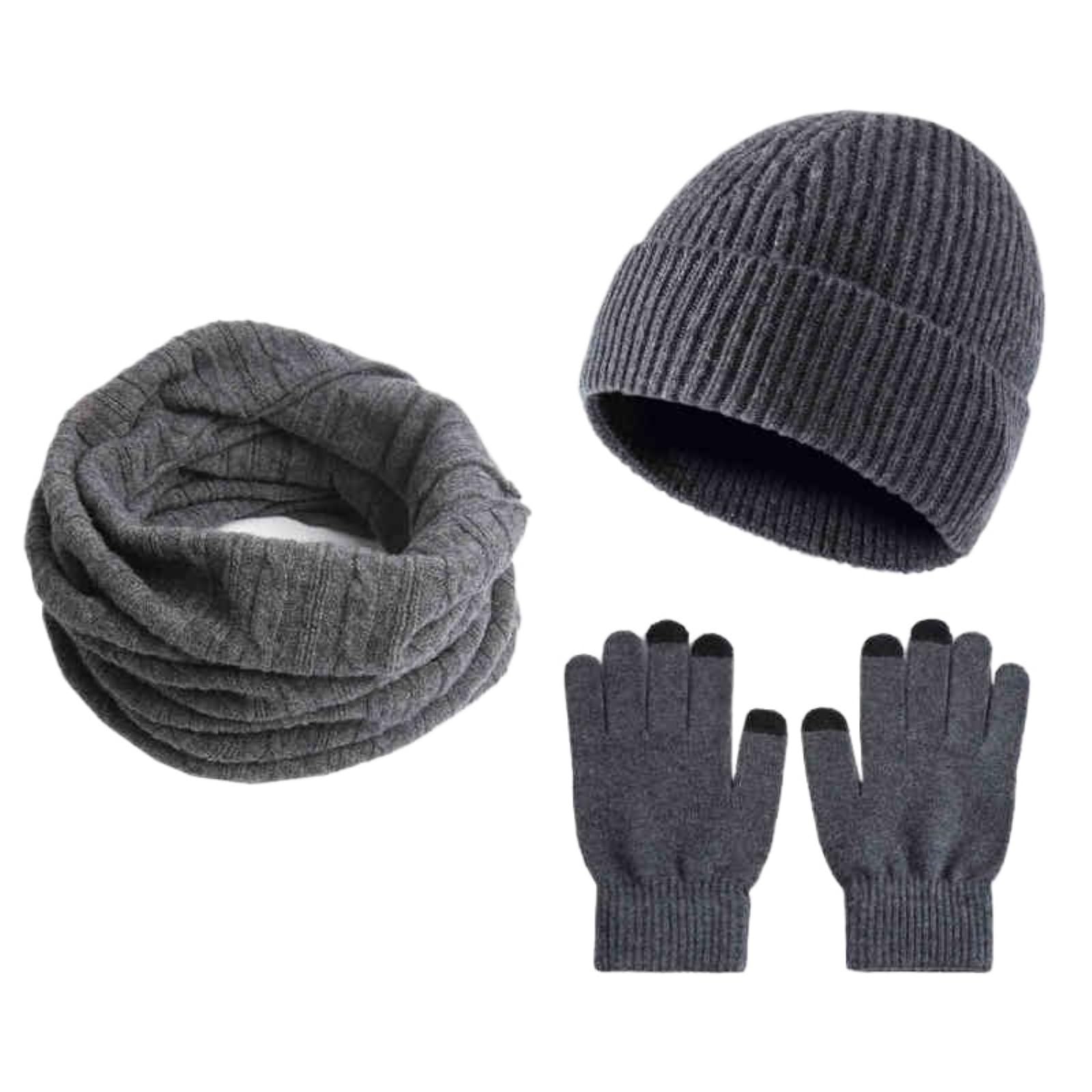Set Cappello Sciarpa Guanti Set da 3 Pezzi di Sciarpa, Guanti E Cappello Invernali Spessi Uomo Inverno(Grey)