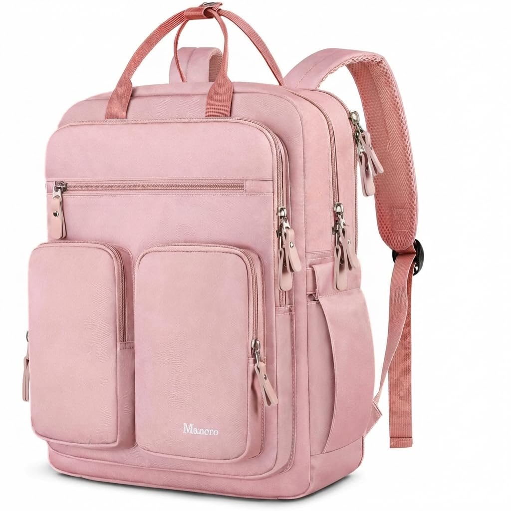 Mancro College Backpack for Women, 15.6 Inch TSA Laptop Bookbag with Mutiple Pockets, Large Capacity Book Bag for Teen Girl Students Casual Daypack Travel Backpacks, Pink