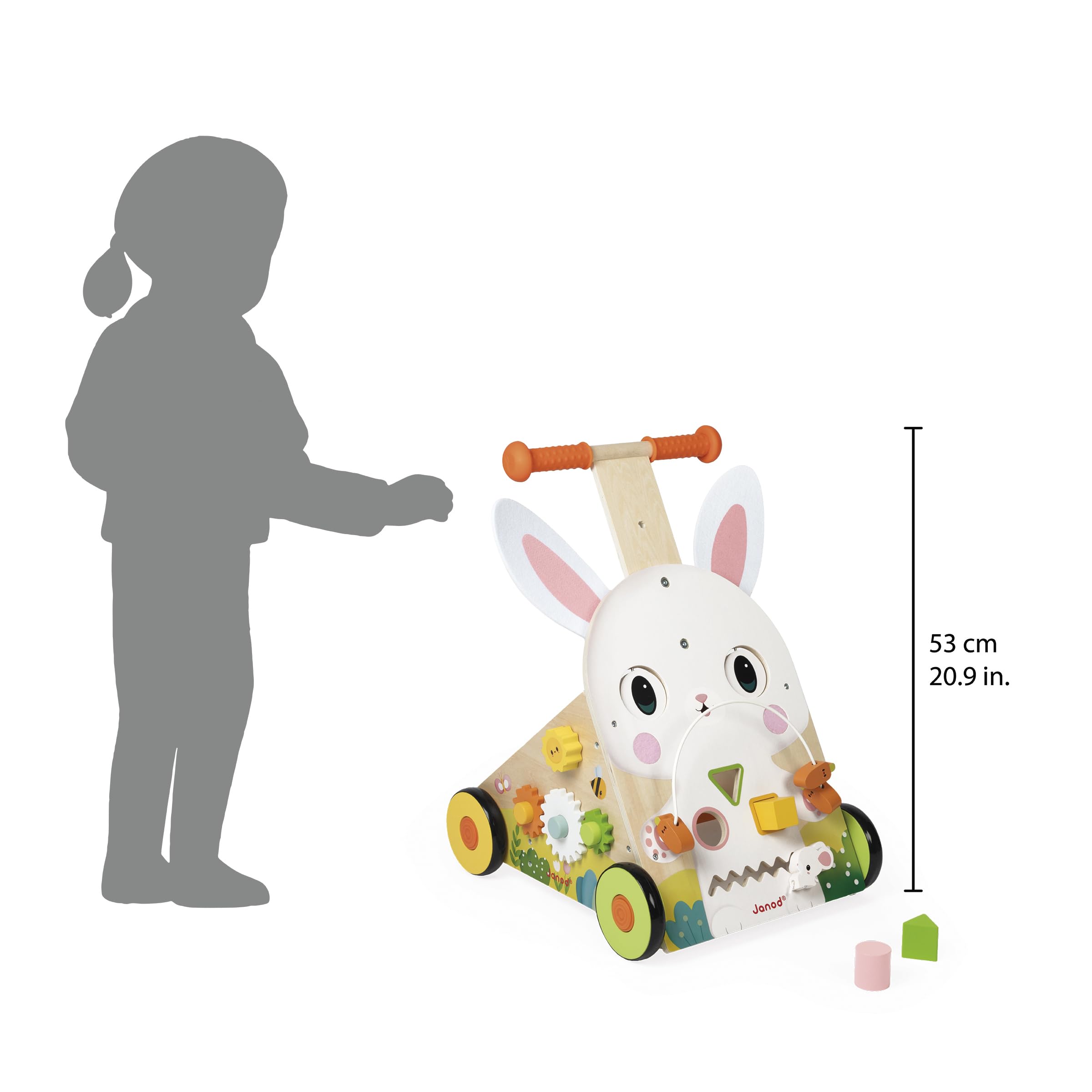 Janod - Chariot Multi-Activités Ferme - Chariot de Marche en Bois à Pousser - 9 Activités - Système Frein Breveté et Roues Silencieuses - Jouet d'Eveil pour Enfants Evolutif - Dès 12 Mois - J03326