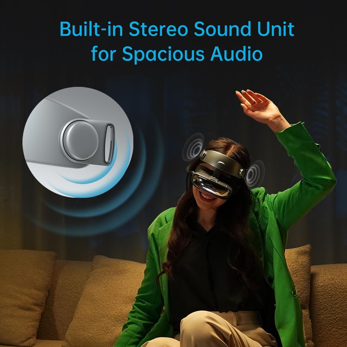 Person wearing GOOVIS G3X with sound waves emanating from the headset's built-in speakers