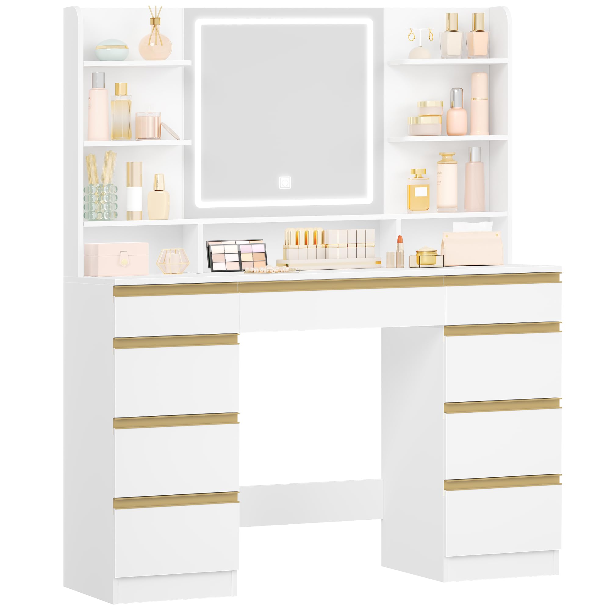 Hzuaneri Toeletta da Trucco Grande con Illuminazione a LED, 3 Colori, Luminosità Regolabile, Tavolo da Trucco con Specchio, 9 Cassetti, 9 Ripiani Aperti, Stile Moderno, Bianco-Oro DT41903X