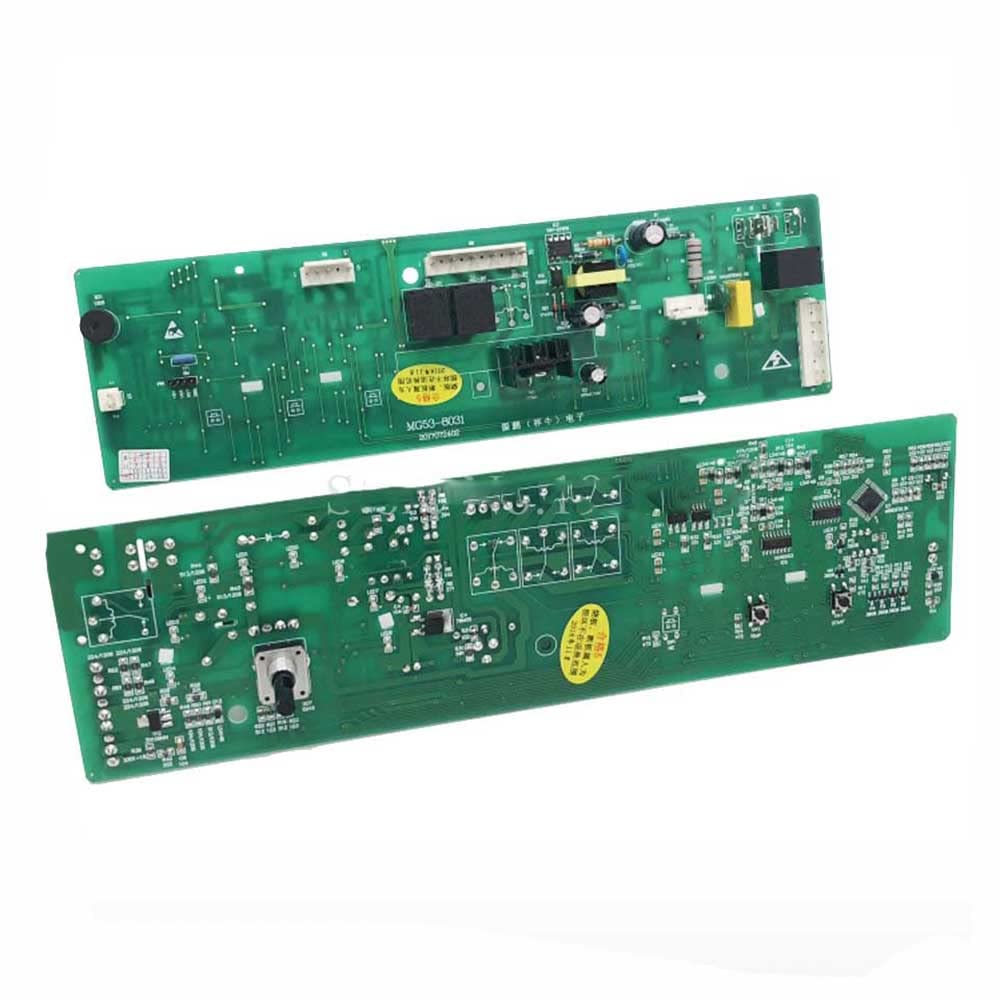 Generic Midea Washing Machine Control Board MG53-8031, showing both top and bottom sides of the green circuit board with various electronic components and connectors.