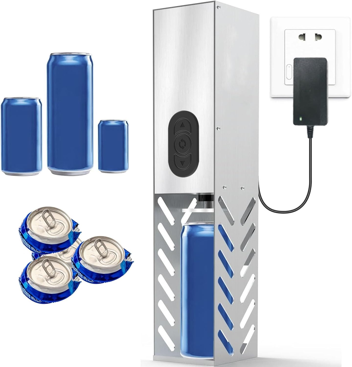 Electric Can Crusher, Heavy Duty Aluminum Can Recycling for 12oz to 16oz Seltzer, Cola, Beer Cans and Bottles - Wall Mounted Trash Compactor