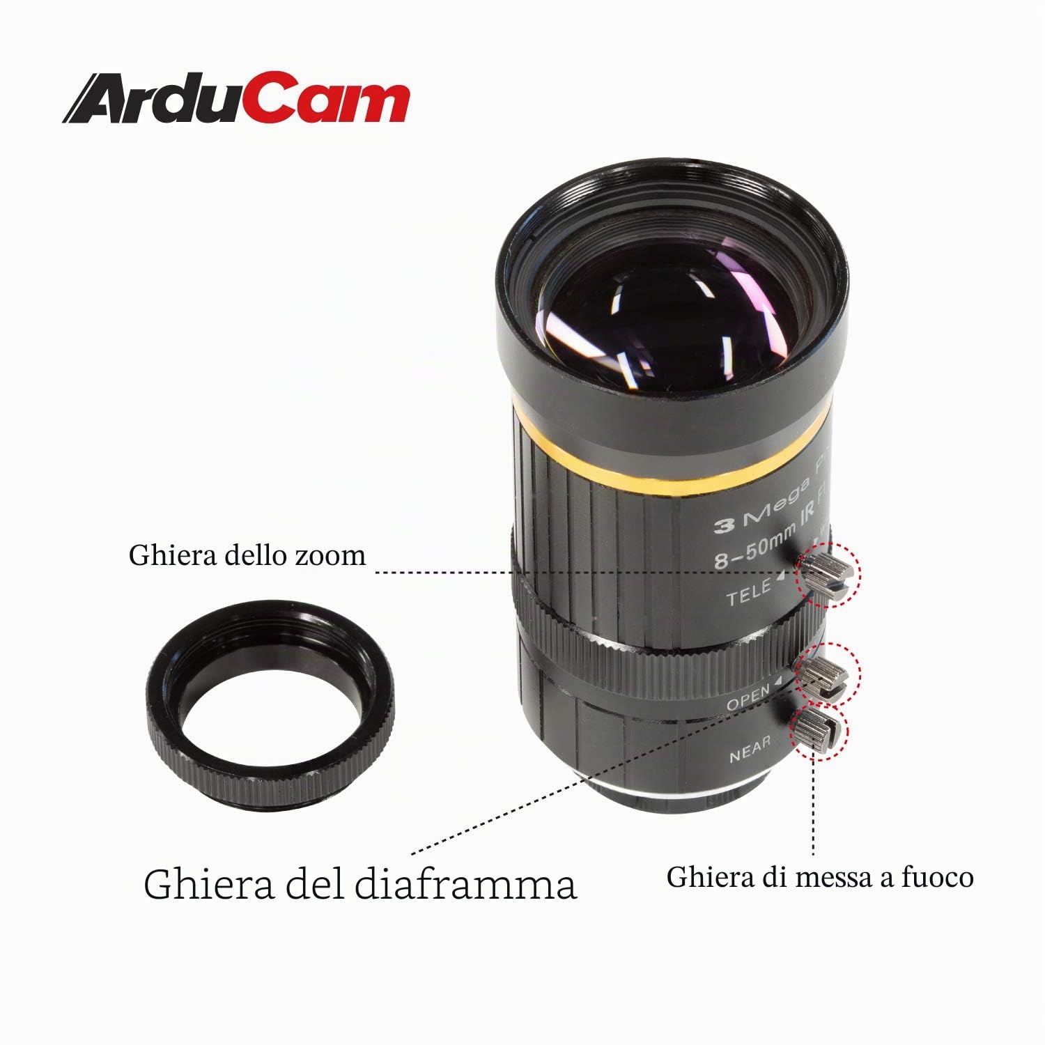Arducam Obiettivo zoom 8-50mm C-Mount per fotocamera IMX477 Raspberry Pi HQ, con adattatore C-CS, obiettivo telescopico industriale