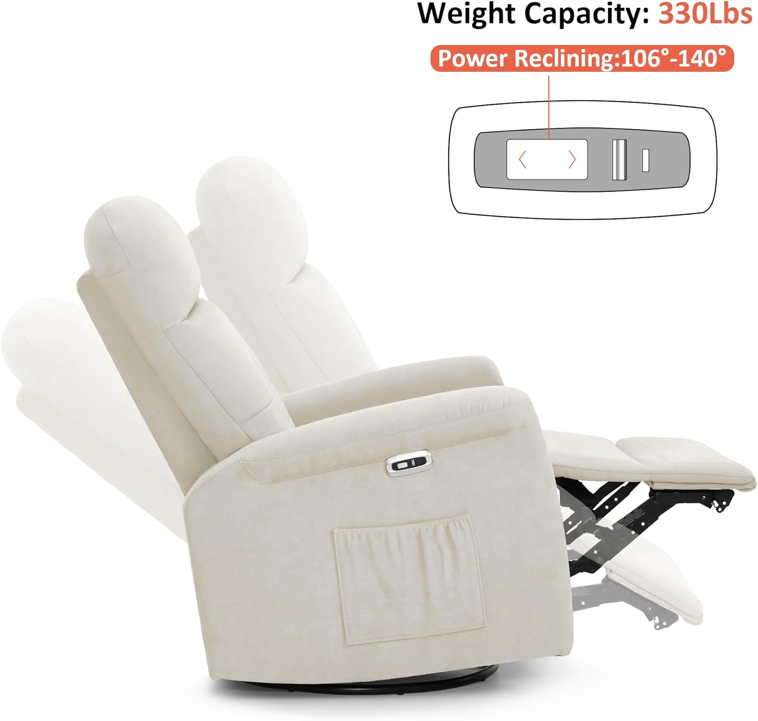 MCombo Power Swivel Glider Recliner Chair, Electric Rocker Recliner Chairs with USB Charging Ports for Living Room and Nursery, Fabric 7763 (Cream White)