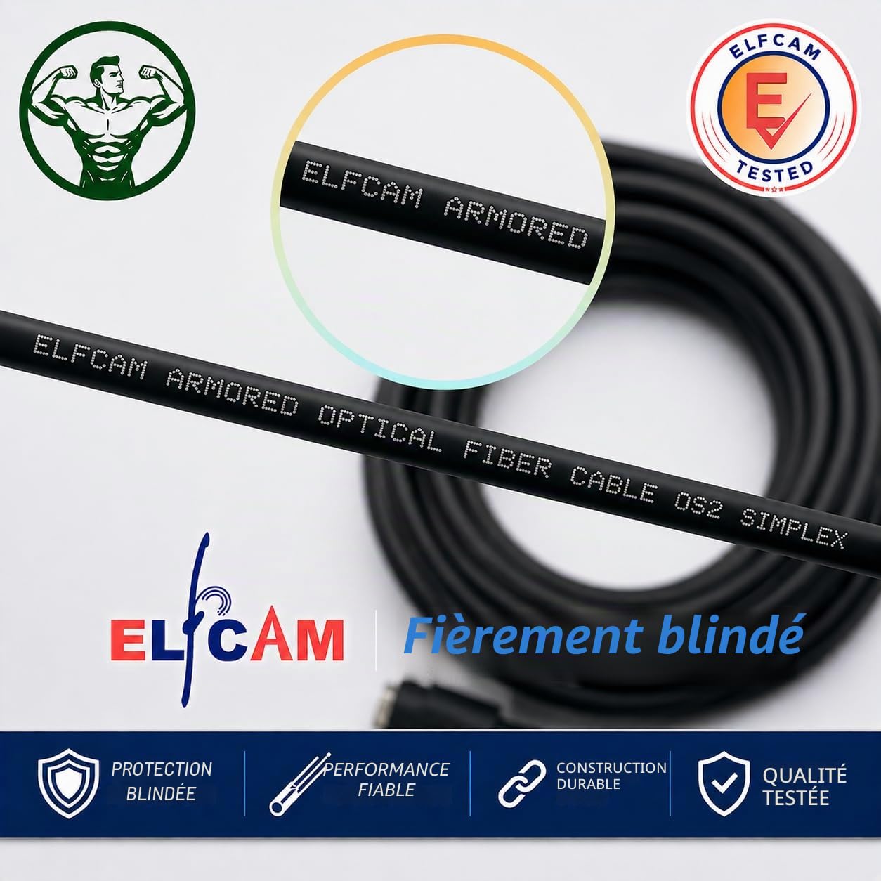 Elfcam® - Câble à Fibre Optique en Acier Blinde LC/APC à LC/APC Simplex Monomode LSZH (200M)