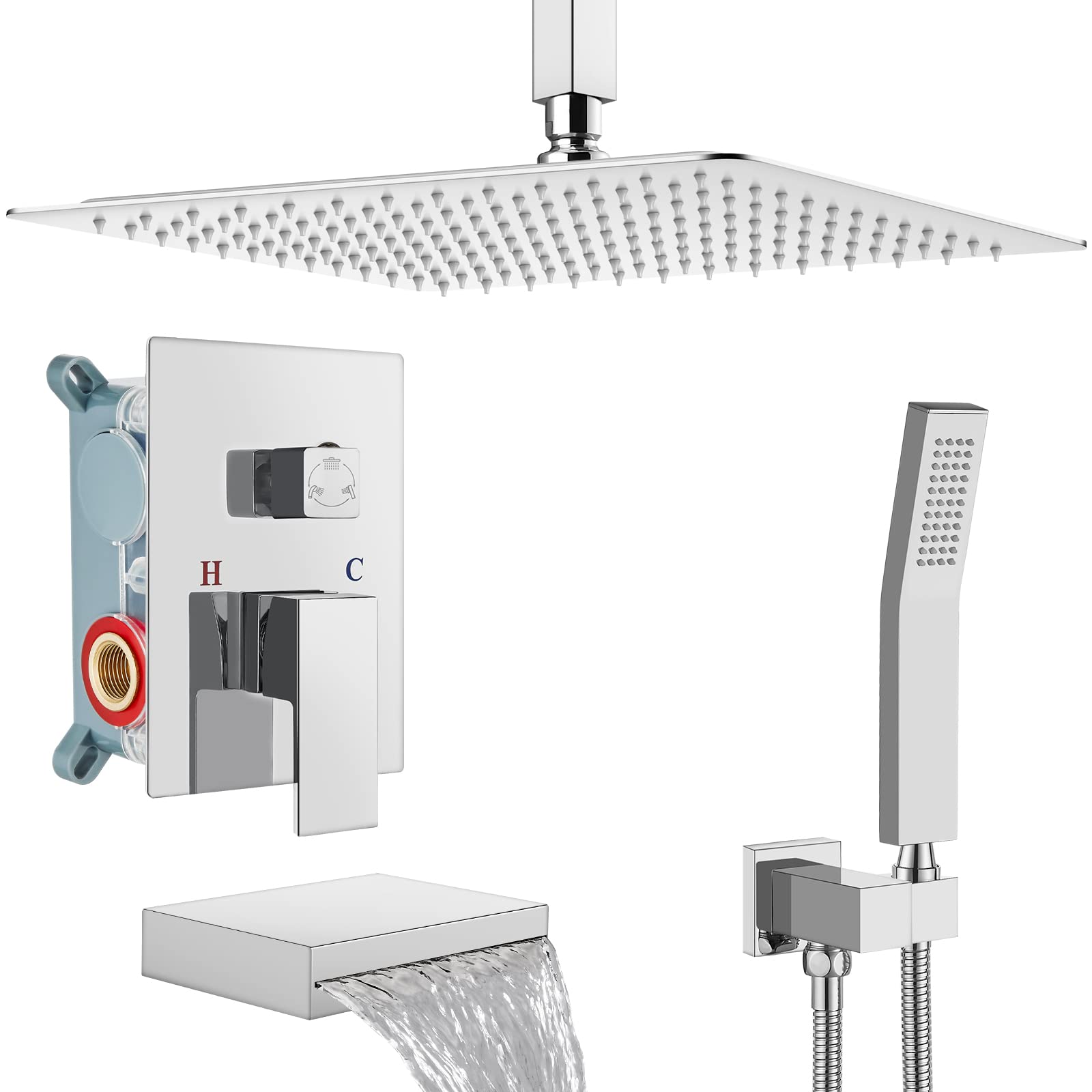 Midanya Polerowany chromowany system prysznicowy zestaw baterii prysznicowej 40 cm kwadratowa głowica prysznicowa z deszczownicą montowana na suficie z wylewką wodospadową i ręcznym natryskiem