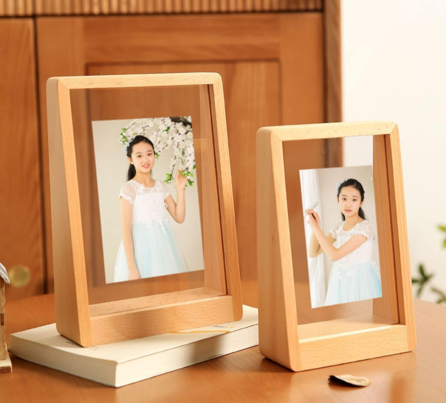 IXITON Rustic Picture frame,Solid Wood Base photo frame,Clear Acrylic Panel Self Standing Frame for Table Top Decor and Desktop Display Home (trapezoid-vertical 6"×8")