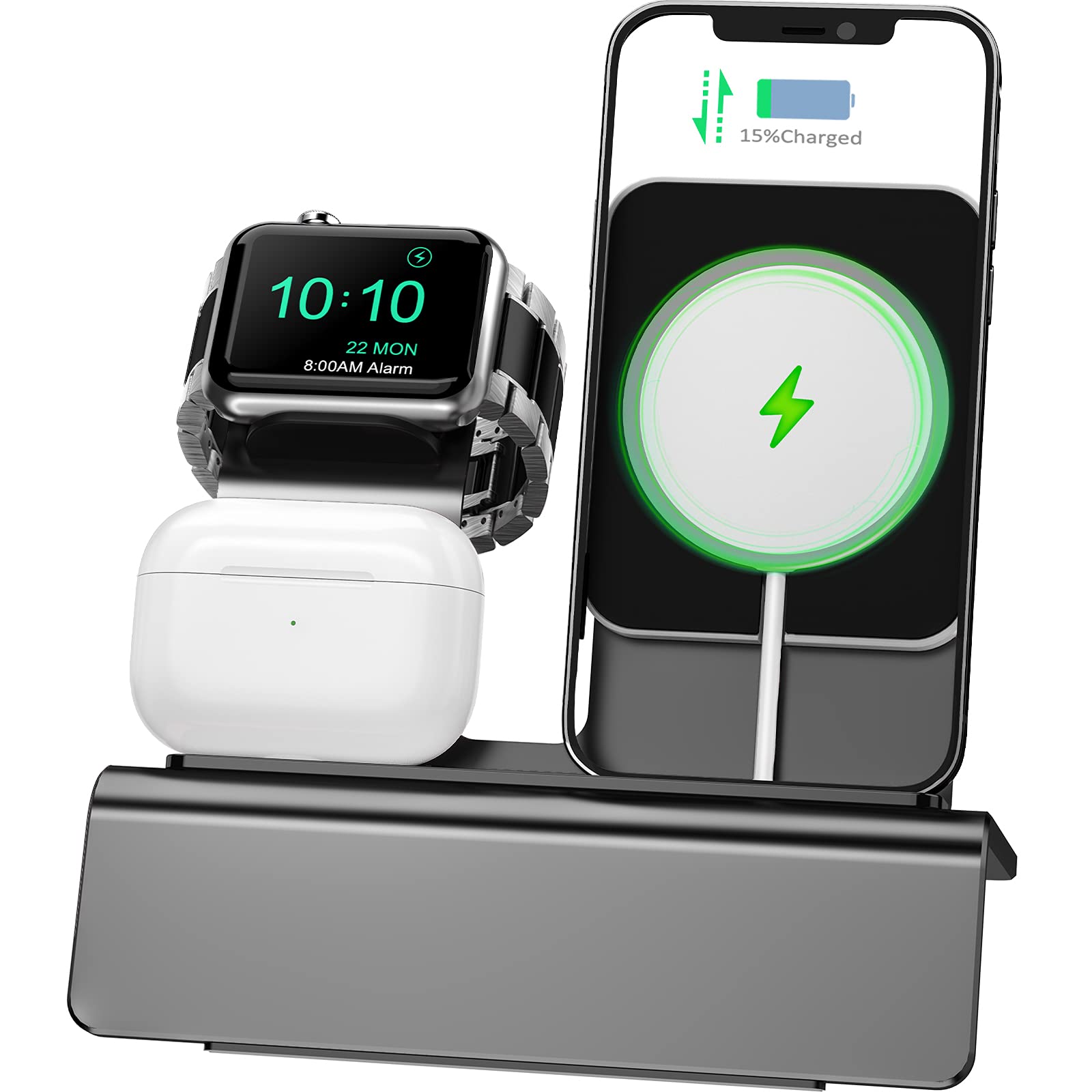 Charging Dock Compatible with Apple Watch Magsafe Stand, iWatch 6/SE/5/4/3/2/1, AirPods Pro and iPhone Series 12/11/Xs/X Max/XR/X/8/ 8P/7/7P/6S/6S Plus(Charger & Cables Needed) Space Gray