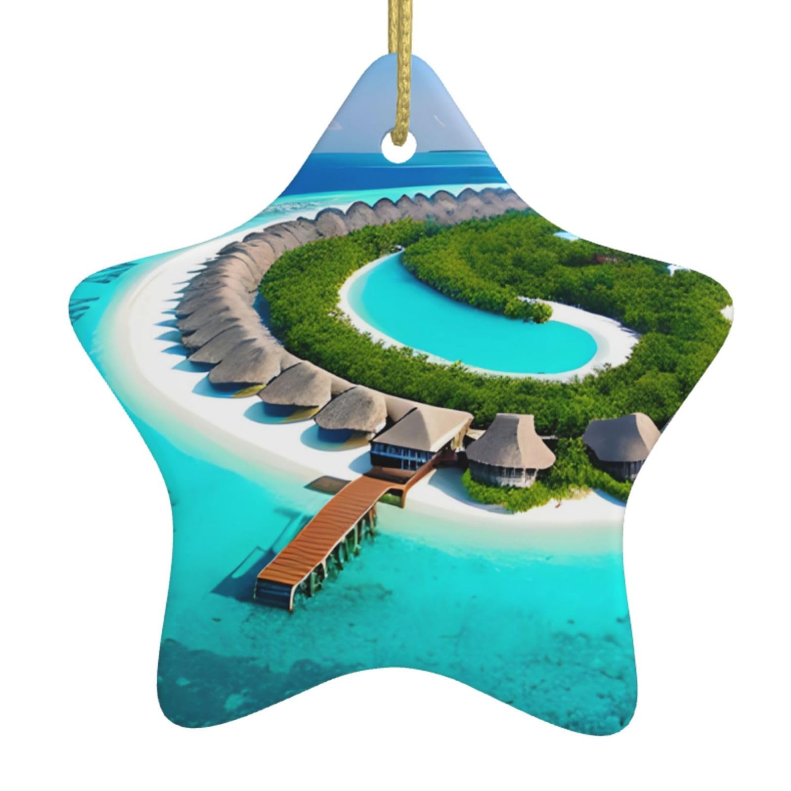 Maldives Scenery Christmas Ceramic Star Pendant with Punched Holes and Gold Wire Rope, Christmas Tree Home Decoration