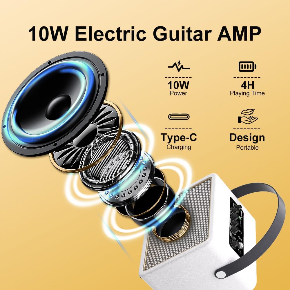Electric Guitar Amp 10W Portable and Rechargeable Guitar Amplifier with 7 Effects for Daily Practice White